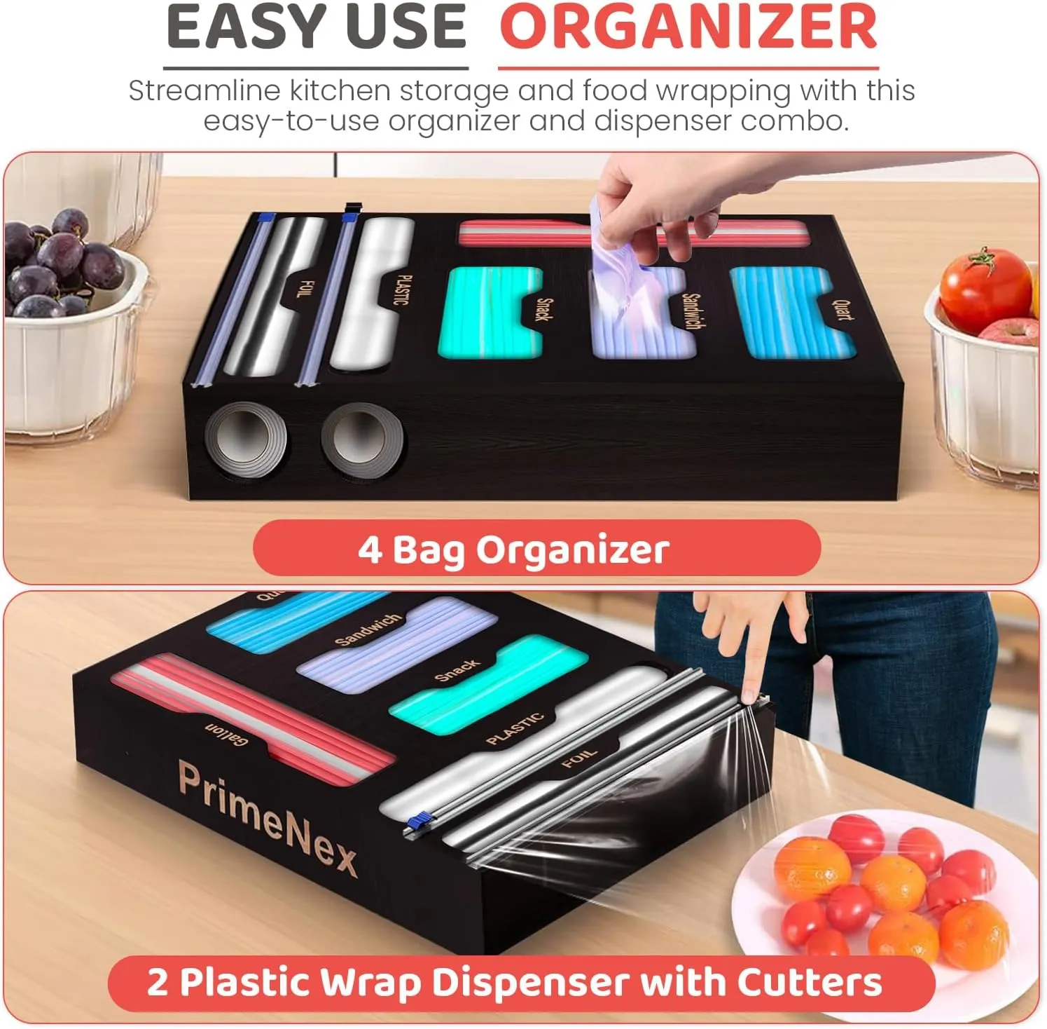 Storage Bag organizer, 6 in 1 Foil and Plastic Wrap Dispenser with Cutter, Bamboo Kitchen Drawer Organizer Food Bag Organizer for Gallon, Quart, Sandwich, Snack Bags (Black)