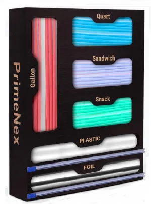 Storage Bag organizer, 6 in 1 Foil and Plastic Wrap Dispenser with Cutter, Bamboo Kitchen Drawer Organizer Food Bag Organizer for Gallon, Quart, Sandwich, Snack Bags (Black)