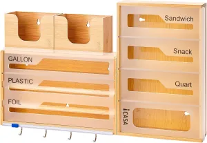 Storage Bag Organizer for Kitchen, 15 in 1 Bamboo Hanging Bag Storage Organizer for Gallon Quart Sandwich Bags, Wall Mount Aluminum Foil and Plastic Wrap Organizer Holder Dispenser with Cutter