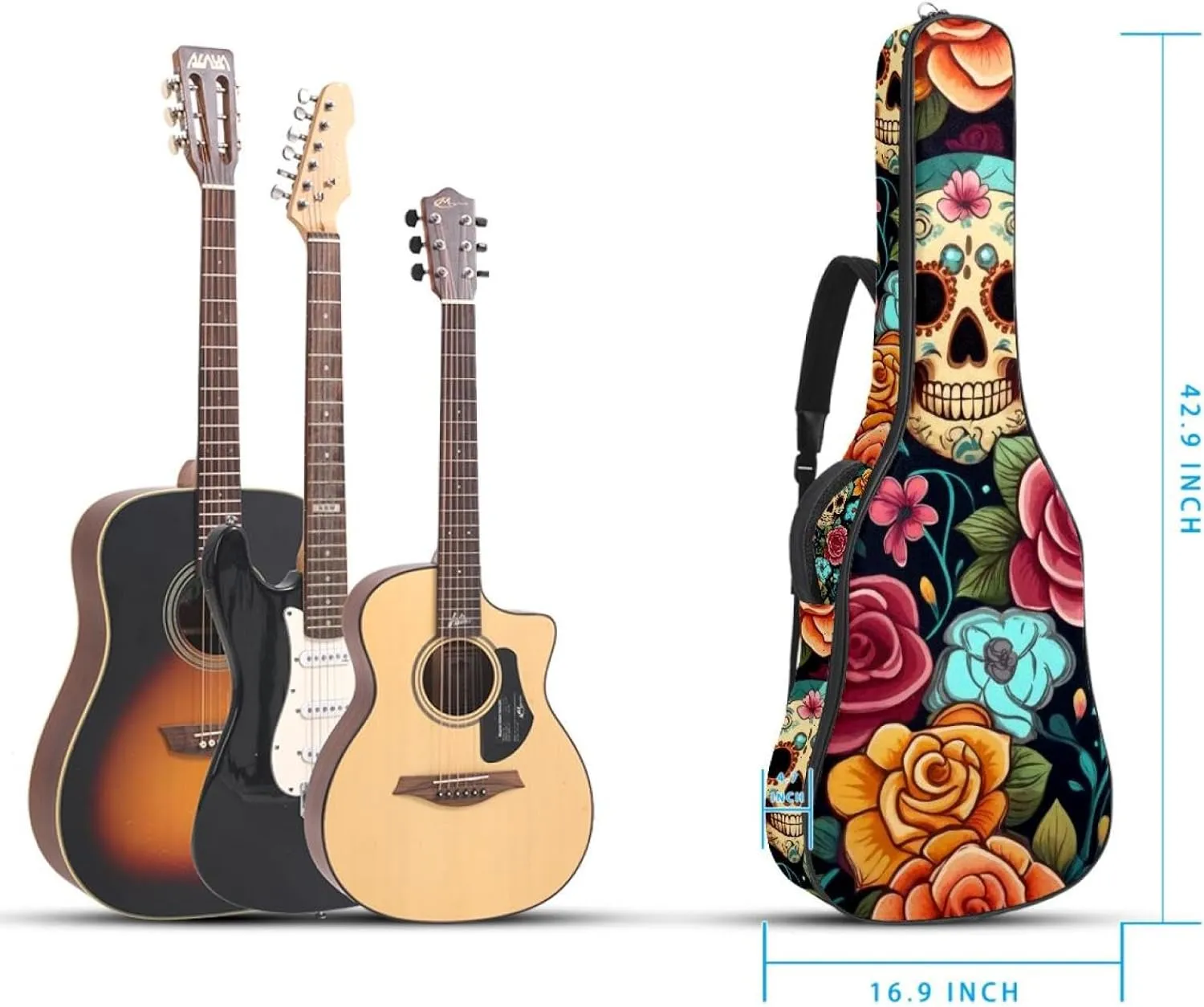 Sugar Skulls with Flowers Seamless Acoustic Guitar Bag, Guitar Case Gig Bag 40 41 42 inch with Dual Adjustable Shoulder Strap and Back Hanger Loop