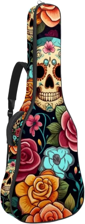 Sugar Skulls with Flowers Seamless Acoustic Guitar Bag, Guitar Case Gig Bag 40 41 42 inch with Dual Adjustable Shoulder Strap and Back Hanger Loop