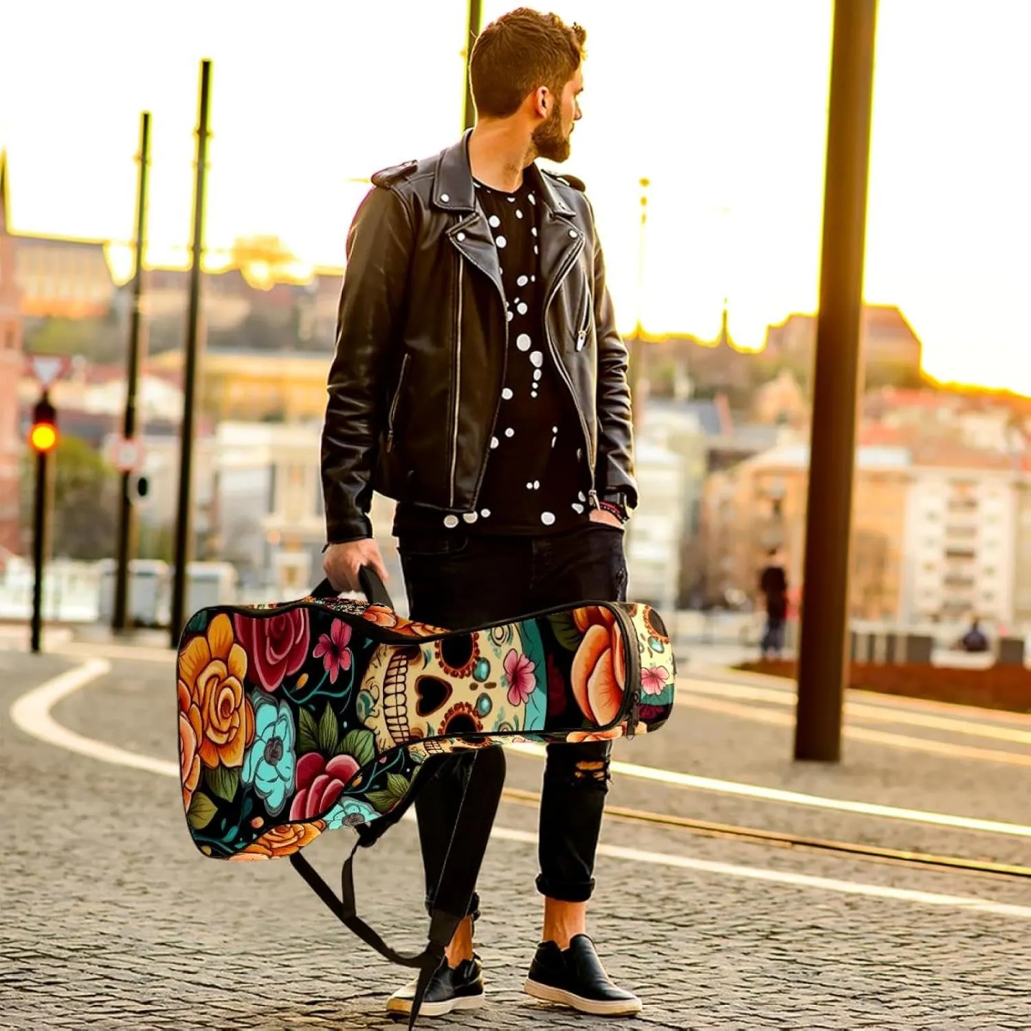 Sugar Skulls with Flowers Seamless Acoustic Guitar Bag, Guitar Case Gig Bag 40 41 42 inch with Dual Adjustable Shoulder Strap and Back Hanger Loop