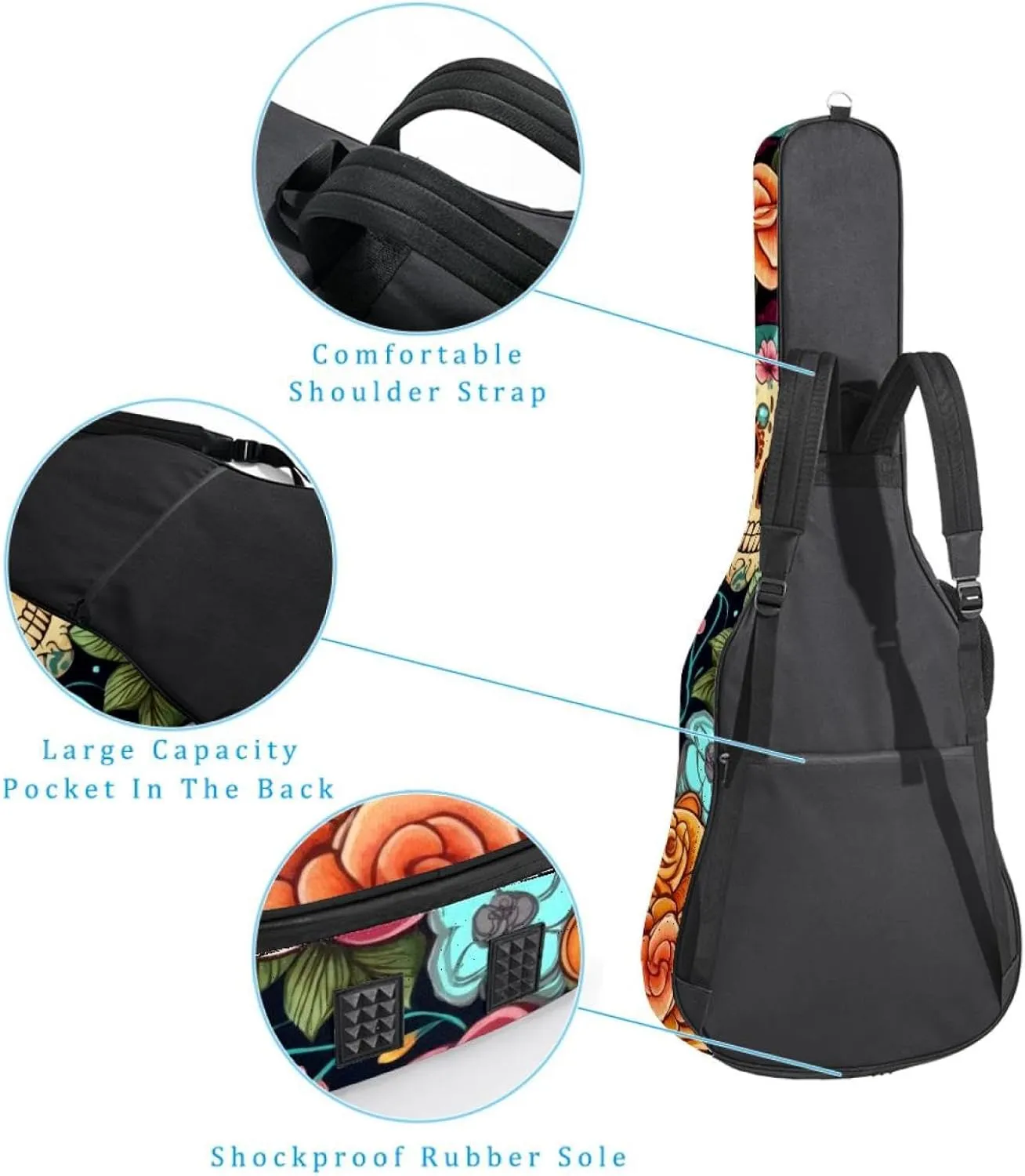 Sugar Skulls with Flowers Seamless Acoustic Guitar Bag, Guitar Case Gig Bag 40 41 42 inch with Dual Adjustable Shoulder Strap and Back Hanger Loop
