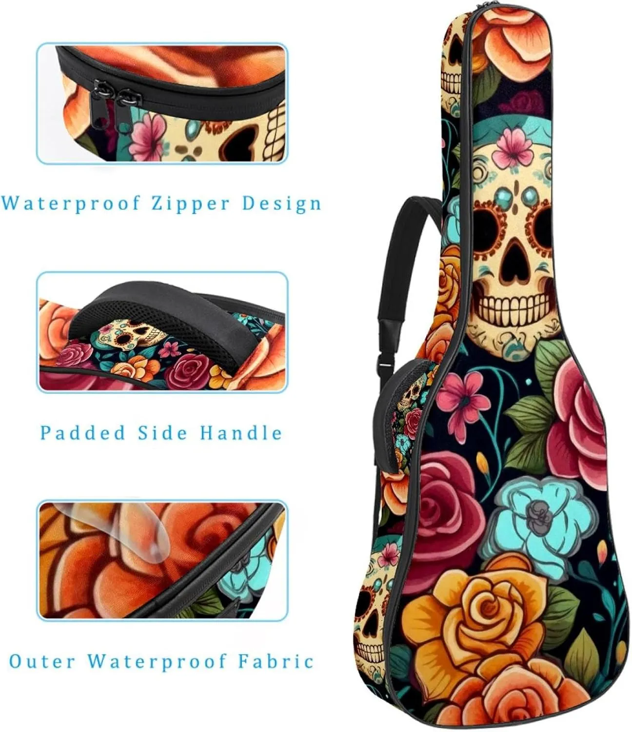 Sugar Skulls with Flowers Seamless Acoustic Guitar Bag, Guitar Case Gig Bag 40 41 42 inch with Dual Adjustable Shoulder Strap and Back Hanger Loop