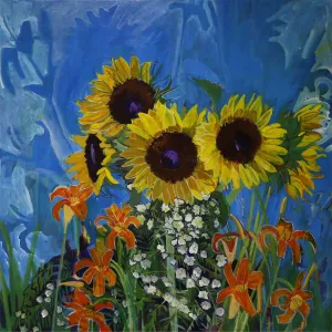 Sunflowers in Turquoise c-lb238 by Lila Bacon Floral Painting on Canvas