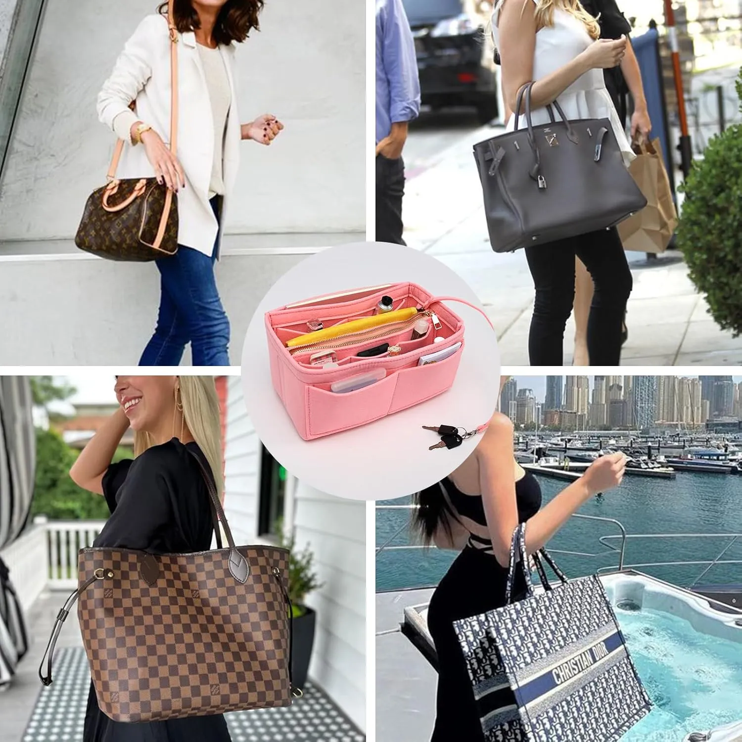 Surblue Purse Organizer Insert for Handbags, Felt Bag Organizer, Tote Bag Organizer, Tote Shaper Insert With Zippers, Thicken and Portable Handbag in Bag for Speedy Neverfull PM MM, (LightPink, M)