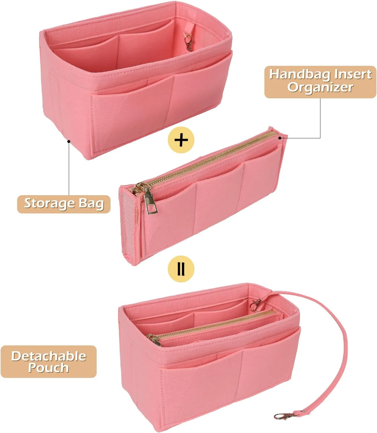 Surblue Purse Organizer Insert for Handbags, Felt Bag Organizer, Tote Bag Organizer, Tote Shaper Insert With Zippers, Thicken and Portable Handbag in Bag for Speedy Neverfull PM MM, (LightPink, M)