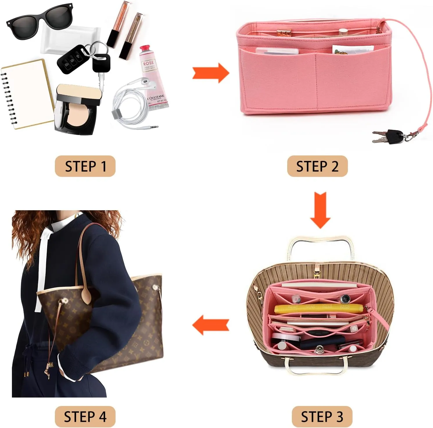 Surblue Purse Organizer Insert for Handbags, Felt Bag Organizer, Tote Bag Organizer, Tote Shaper Insert With Zippers, Thicken and Portable Handbag in Bag for Speedy Neverfull PM MM, (LightPink, M)