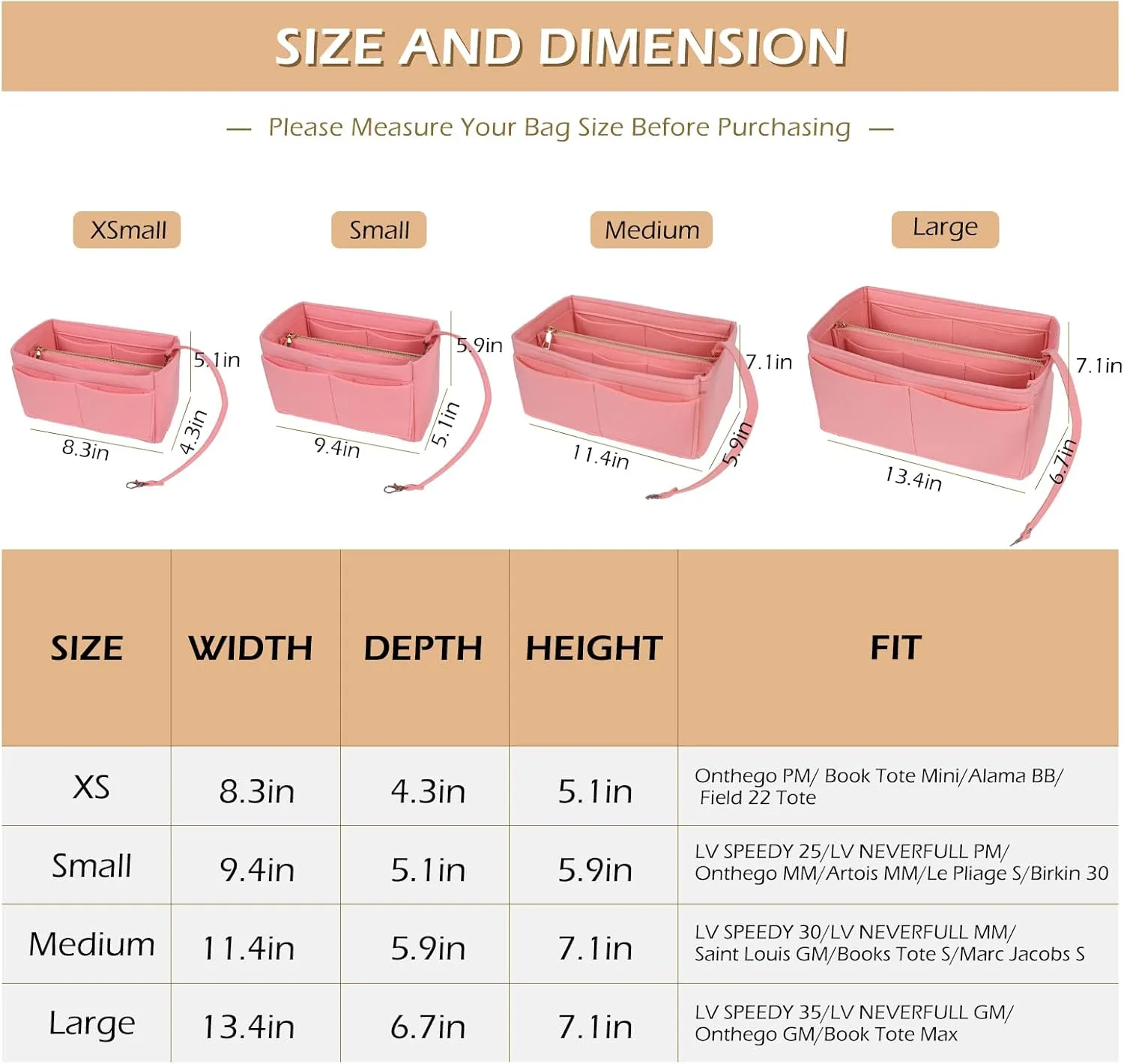 Surblue Purse Organizer Insert for Handbags, Felt Bag Organizer, Tote Bag Organizer, Tote Shaper Insert With Zippers, Thicken and Portable Handbag in Bag for Speedy Neverfull PM MM, (LightPink, M)