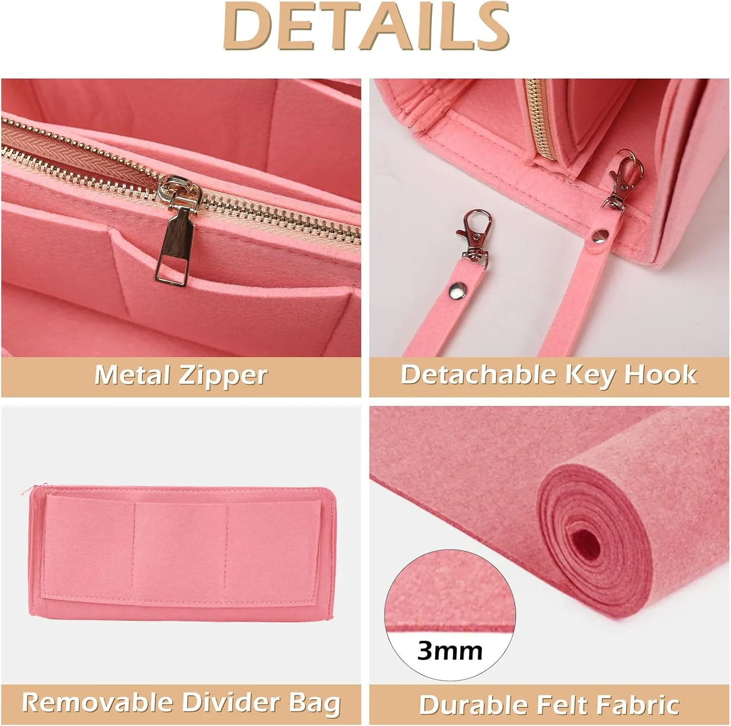 Surblue Purse Organizer Insert for Handbags, Felt Bag Organizer, Tote Bag Organizer, Tote Shaper Insert With Zippers, Thicken and Portable Handbag in Bag for Speedy Neverfull PM MM, (LightPink, M)