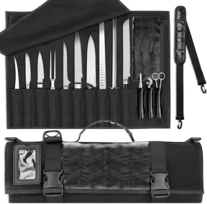 SWISSELITE Chef Knife Roll Bag, Heavy Duty Canvas & Leather Chef Knife Bag, 10 Slots for Knives with Detachable Storage Bag