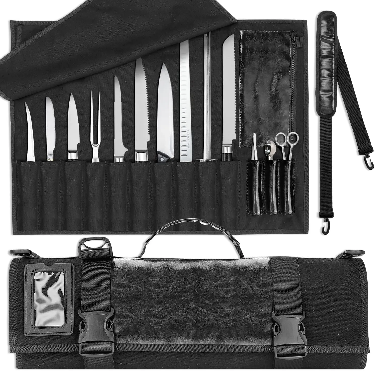 SWISSELITE Chef Knife Roll Bag, Heavy Duty Canvas & Leather Chef Knife Bag, 10 Slots for Knives with Detachable Storage Bag
