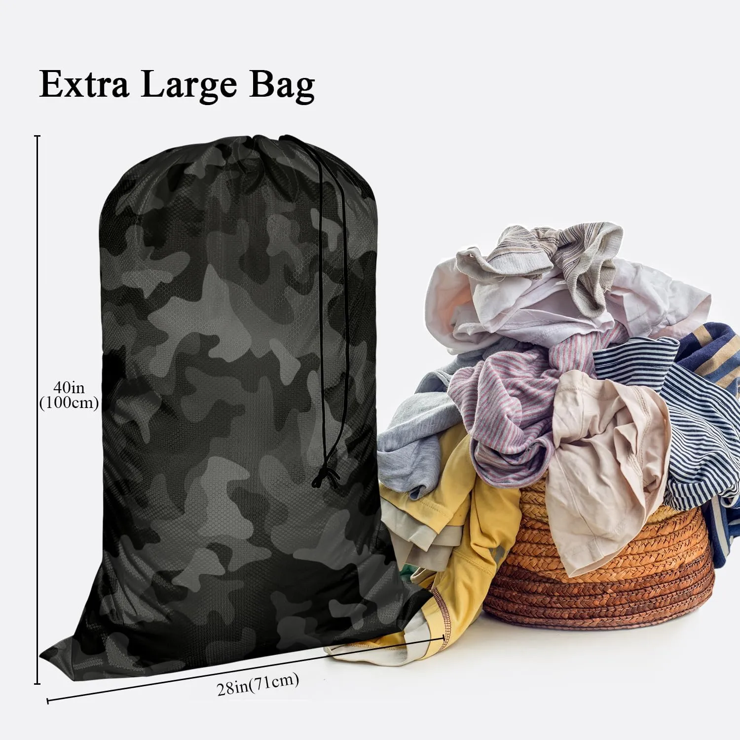 Swono Camouflage Pattern Extra Large Huge Heavy Duty Polyester Laundry Storage Bag with Drawstring, Modern Military Camo Jungle Woodland Machine Washable