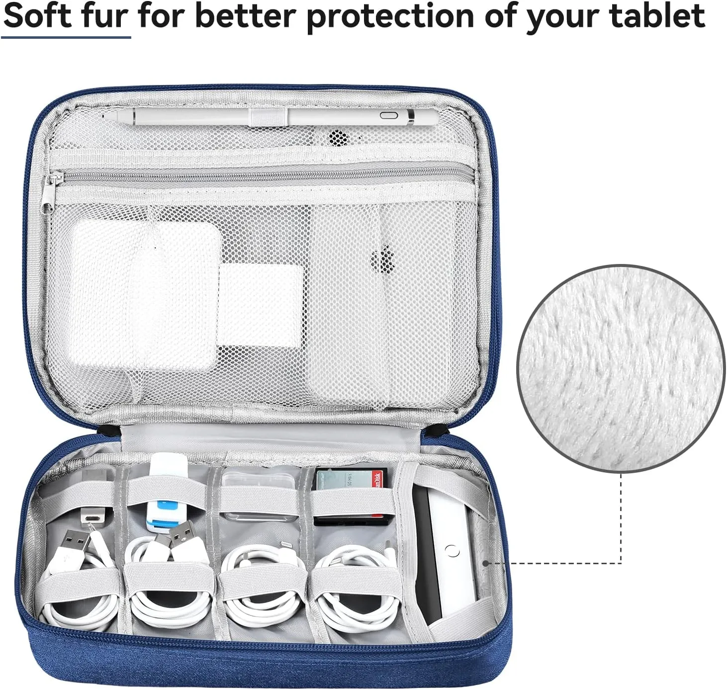 Tablet Accessories Case Bag, Travel Organizer Pouch for 7.9 Inch Tablet, Electronics Tech, Charge & Cords, Cables, 2 Layers (Large, Blue)
