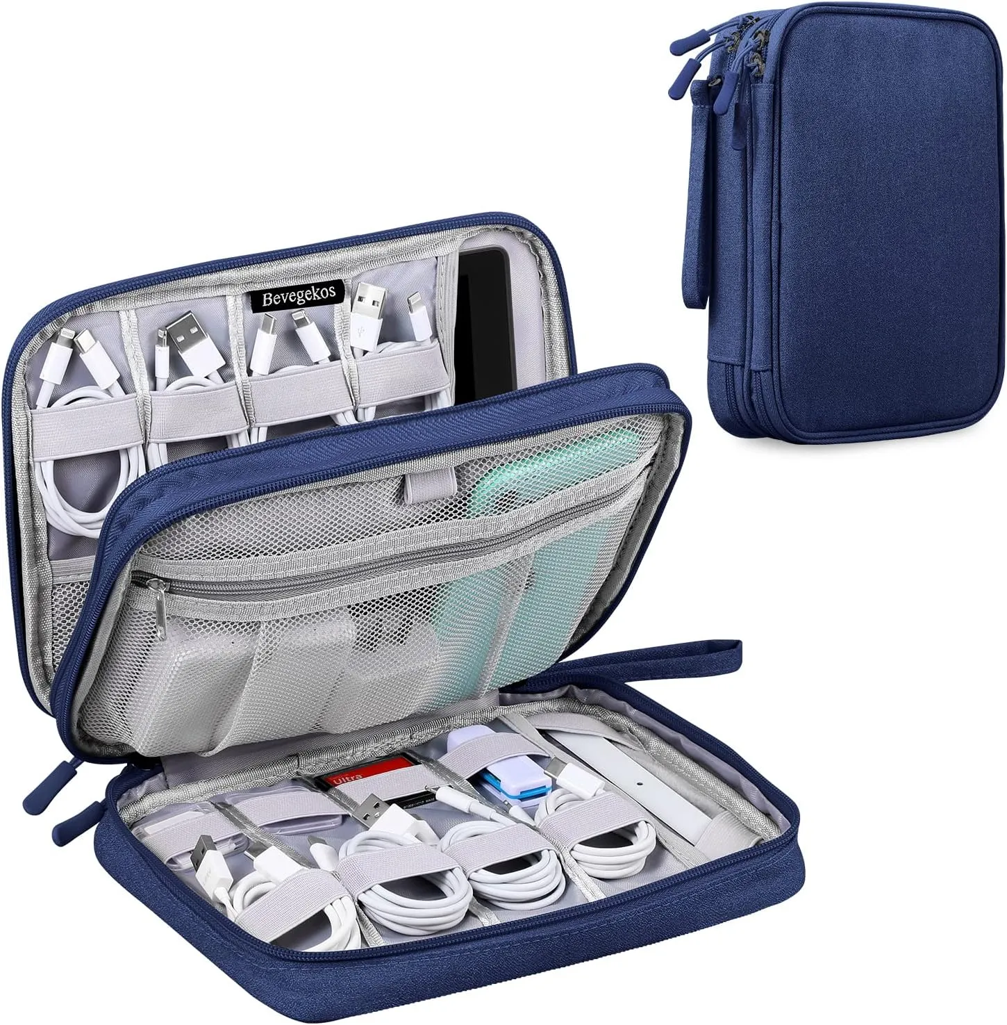 Tablet Accessories Case Bag, Travel Organizer Pouch for 7.9 Inch Tablet, Electronics Tech, Charge & Cords, Cables, 2 Layers (Large, Blue)