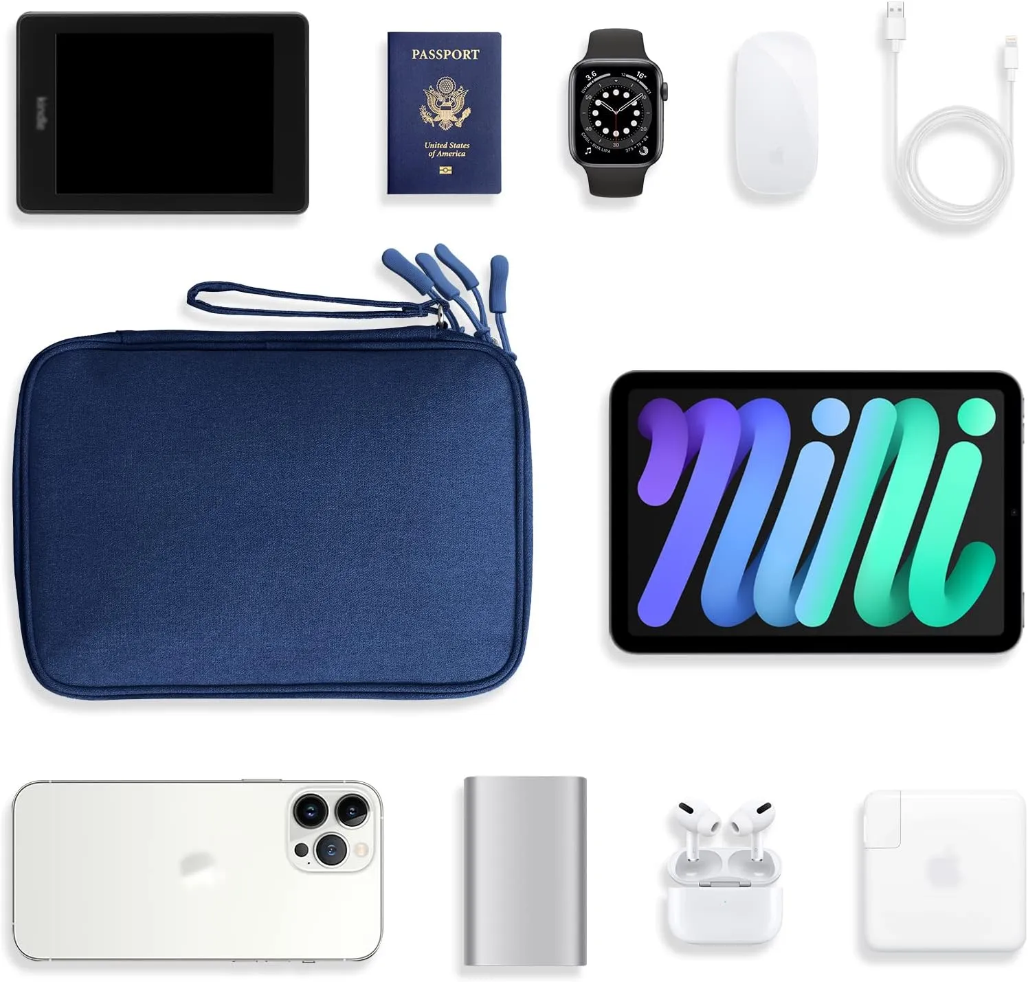 Tablet Accessories Case Bag, Travel Organizer Pouch for 7.9 Inch Tablet, Electronics Tech, Charge & Cords, Cables, 2 Layers (Large, Blue)