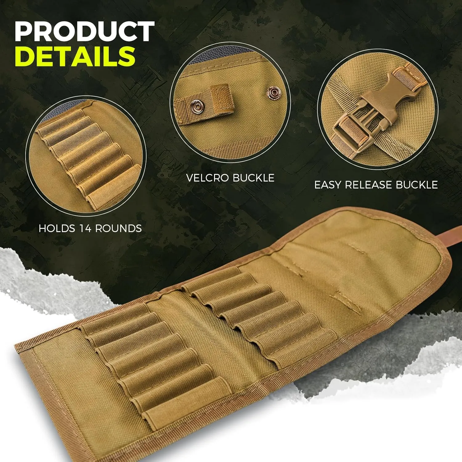 Tactical Ammo Pouch for Utility Hunting Rifle Foldable Ammo Wallet with Holds 14 Cartridges Firearm Ammunition Carrier Bag for Shooting Range with Gear Rifle Shell Holder Belt for Bullets