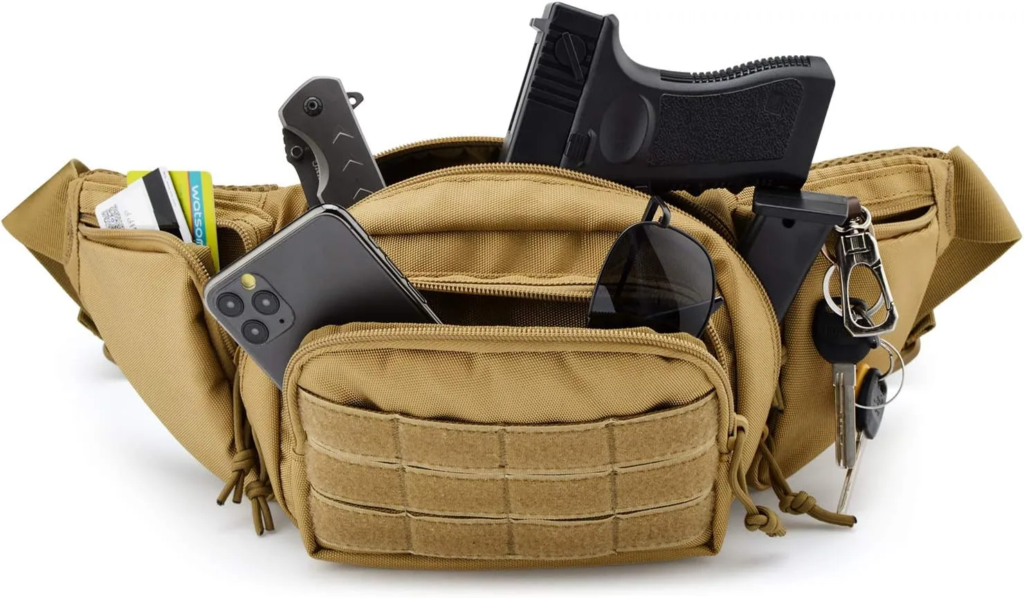 Tactical Fanny Pack Gun Holster for Men, Adjustable Waist Bag Zippered Pockets, Everyday Hip Pouch for Workout Travel Outdoor Running Hunting (Coyote Brown)