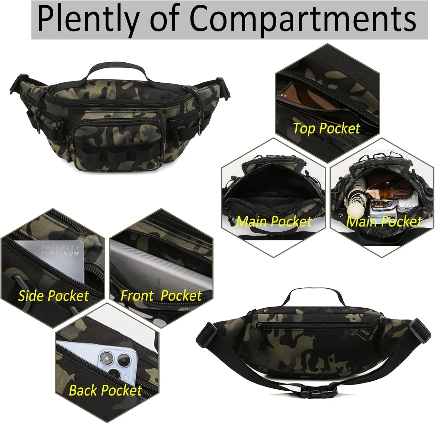 Tactical Fanny Pack,Small Fishing Tackle Bag Water-Resistant Military Waist Bags Portable Fishing Storage Waist Packs for Outdoor Fly Fishing Hiking Climbing with 2 PCS Mini Carabiners (Black)