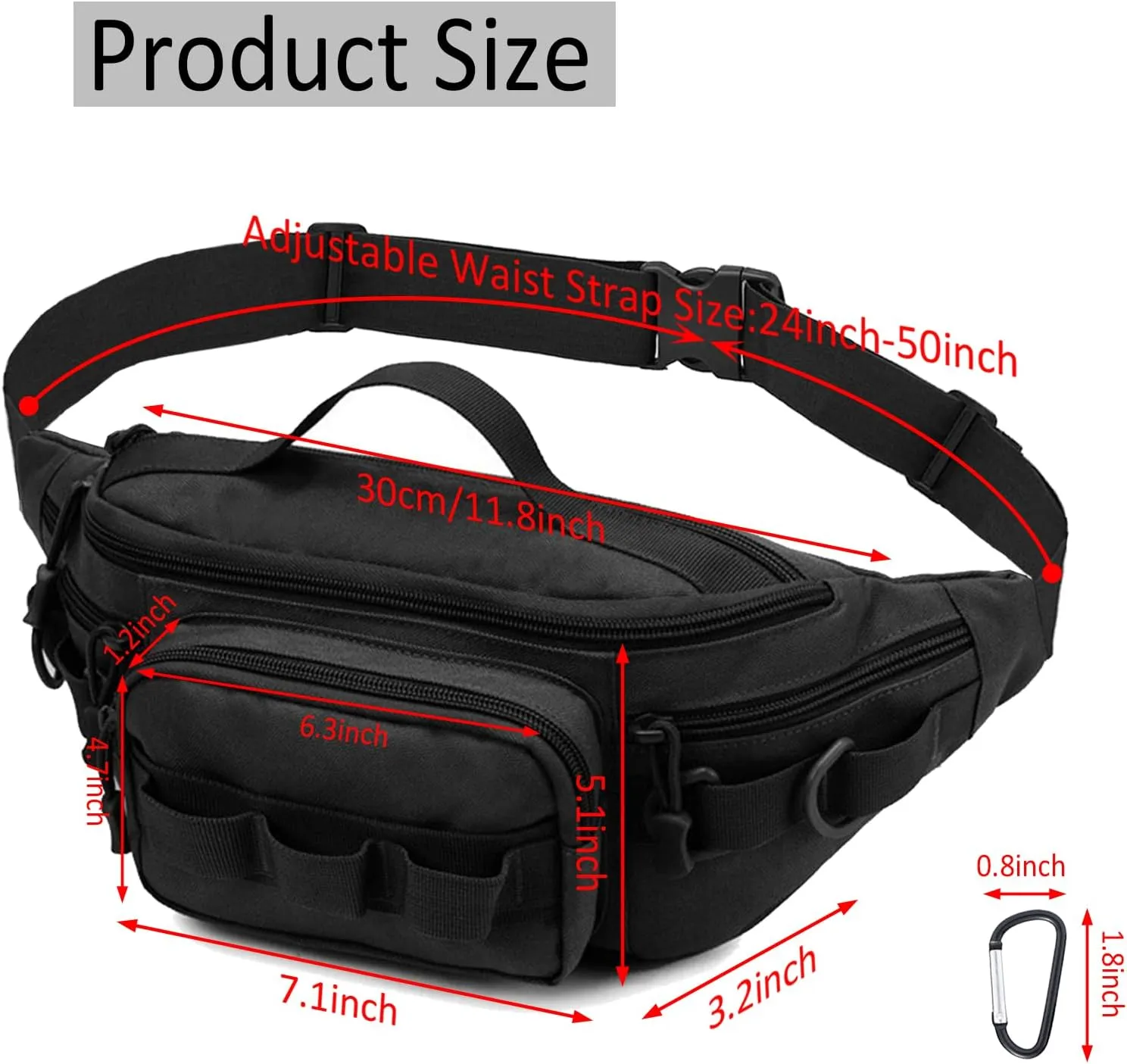 Tactical Fanny Pack,Small Fishing Tackle Bag Water-Resistant Military Waist Bags Portable Fishing Storage Waist Packs for Outdoor Fly Fishing Hiking Climbing with 2 PCS Mini Carabiners (Black)