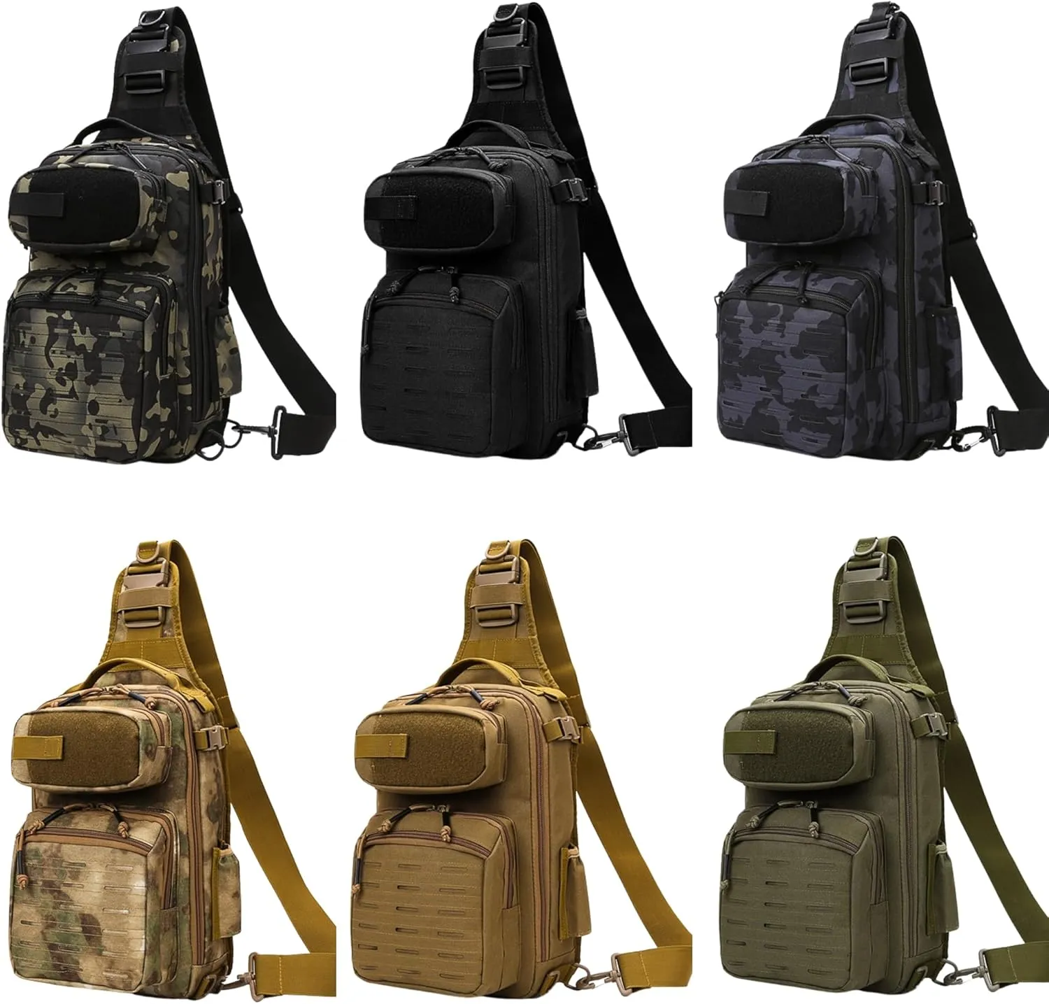 Tactical Fishing Chest Sling Bags Bottle Holder & Key Ring Strap, Military Large Capacity Molle Camouflage Outdoor Backpack (Green Black Camo)