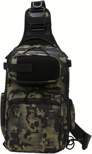 Tactical Fishing Chest Sling Bags Bottle Holder & Key Ring Strap, Military Large Capacity Molle Camouflage Outdoor Backpack (Green Black Camo)