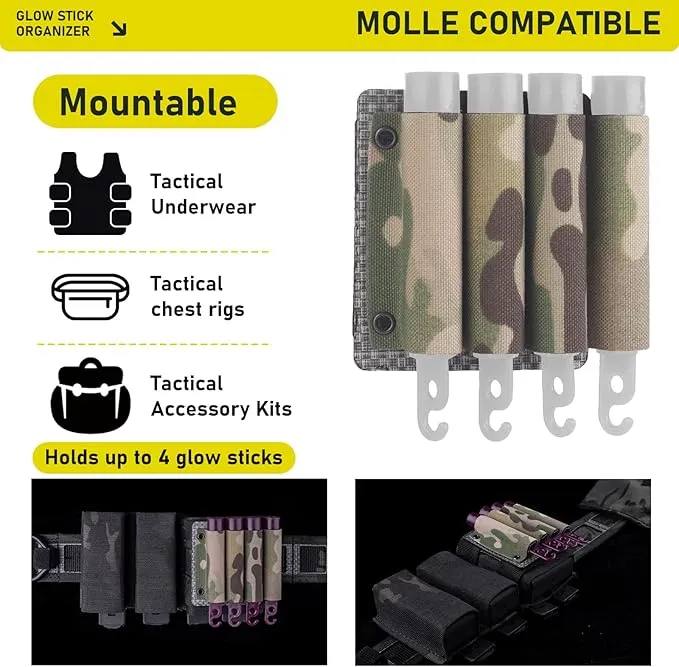 Tactical Glow Stick Organizer - Chem Light Holder for 4 Glow Sticks - Chem Light Holders for Molle Tactical Undershirts, Ideal for Camping, Fishing, and Hunting