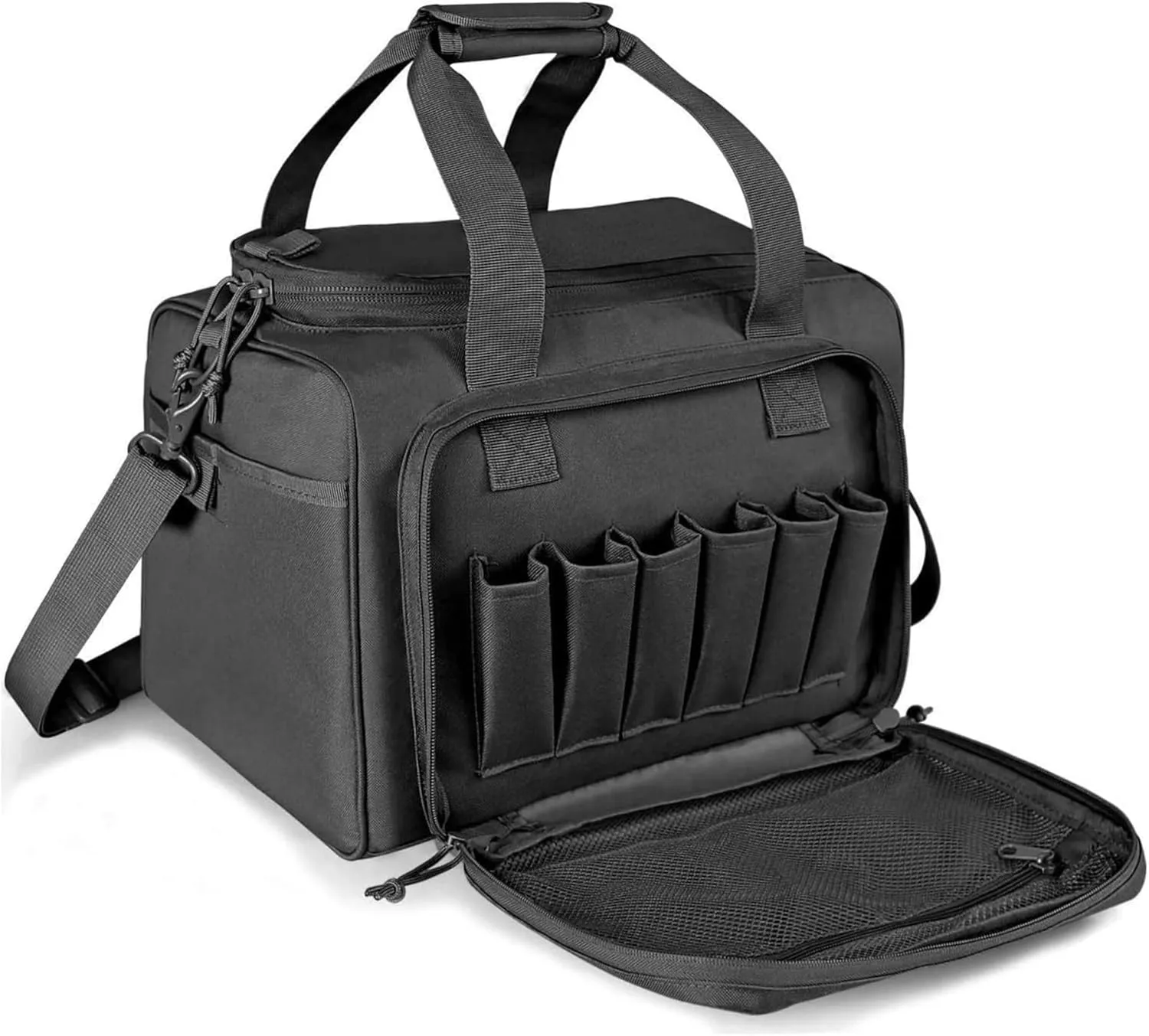 Tactical Gun Range Bag for Handguns and Ammo, Shooting Duffle Range Pistol Bag with Magazine Slots Multiple Compartments, Black