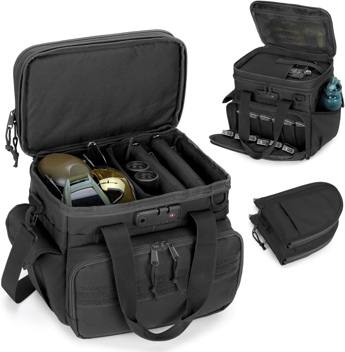 Tactical Gun Range Bag with 3 Pistols Capacity and TSA Lock, Gun Duffle Bag with 2 Small Pistol Cases and 12x Magazine Slots, Multi-Pockets for Hunting and Shooting Range Gear, Black