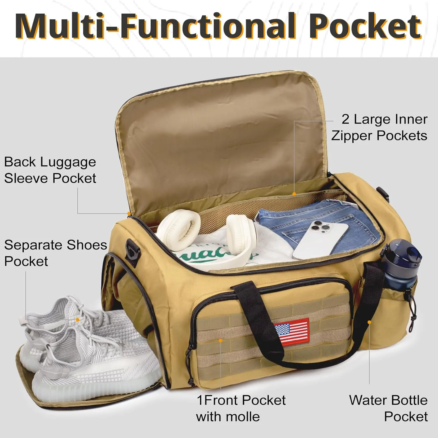 Tactical Gym Bag For Men, 40L Large Capacity Duffle Bags With Shoes Compartment, Sports Bag With Wet Compartment, Multi-Functional Weekend Bags Suitable For Travel, Camping,Hiking