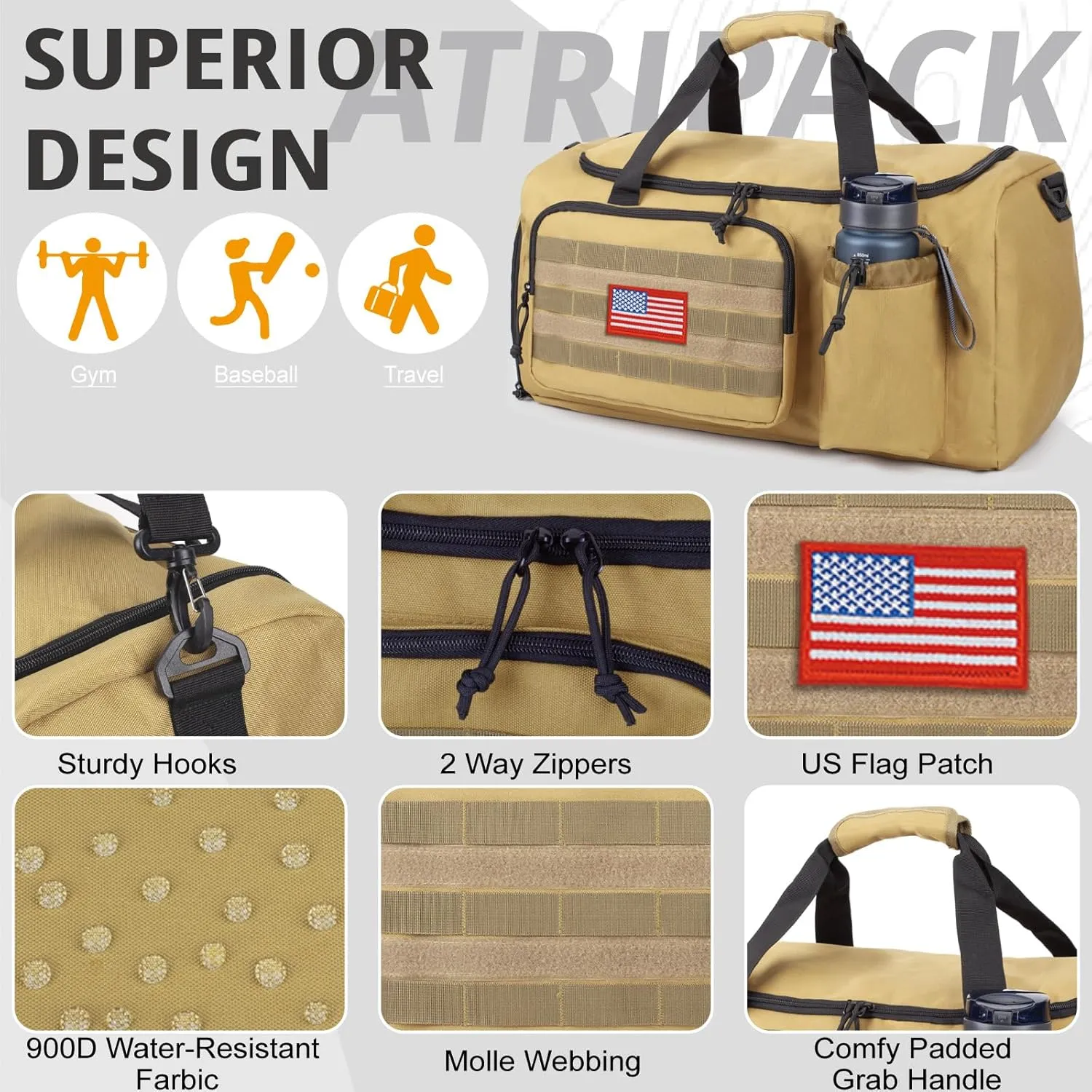 Tactical Gym Bag For Men, 40L Large Capacity Duffle Bags With Shoes Compartment, Sports Bag With Wet Compartment, Multi-Functional Weekend Bags Suitable For Travel, Camping,Hiking