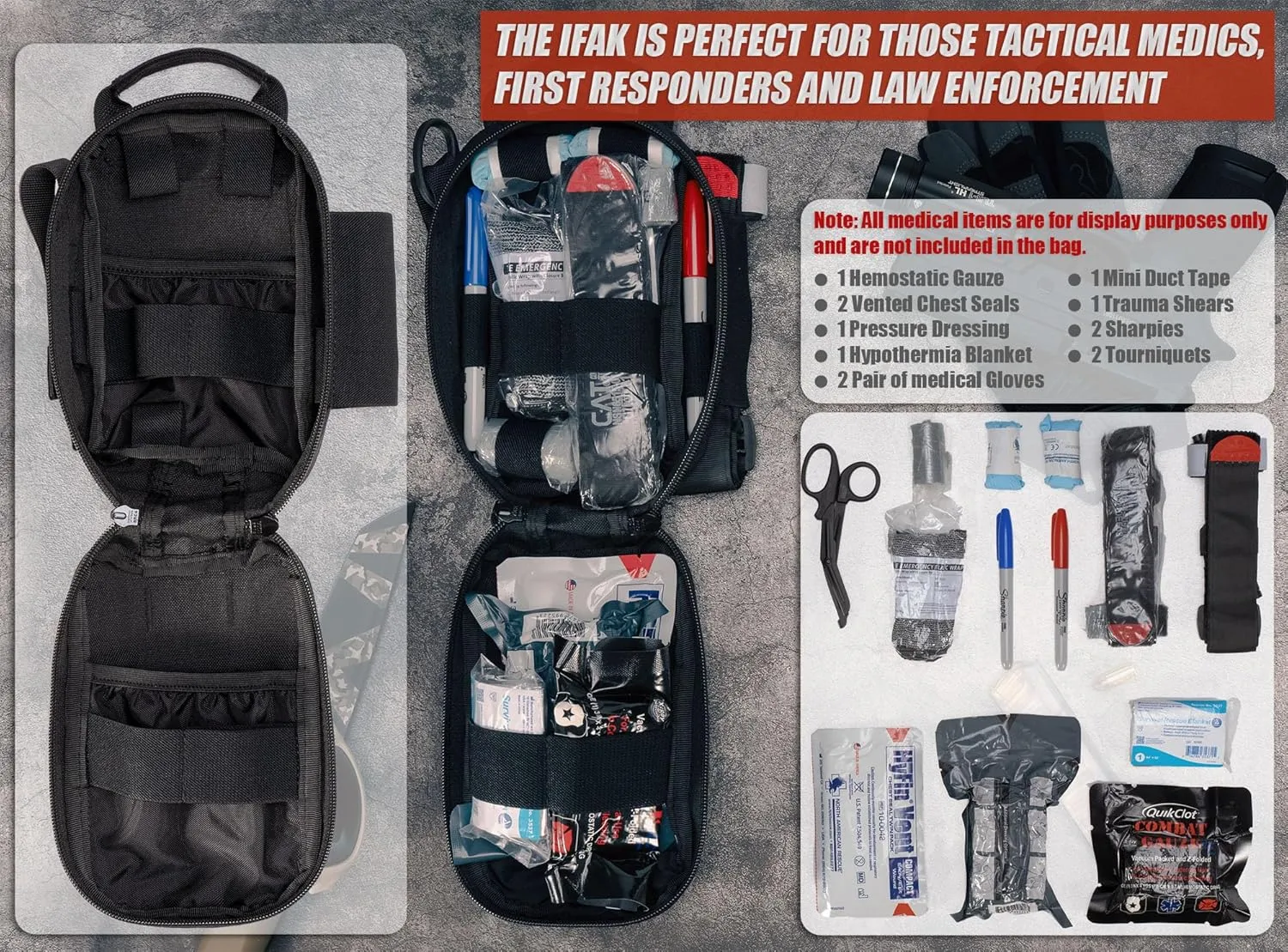 Tactical Rip Away IFAK Pouch Compact First Aid Medical EMT Pouch Emergency Trauma Bag for Home Car Outdoor Military W/ 3 Types Molle Clips/Car Headrest Mount Strap/Carabiner Clip/Med Cross Patch