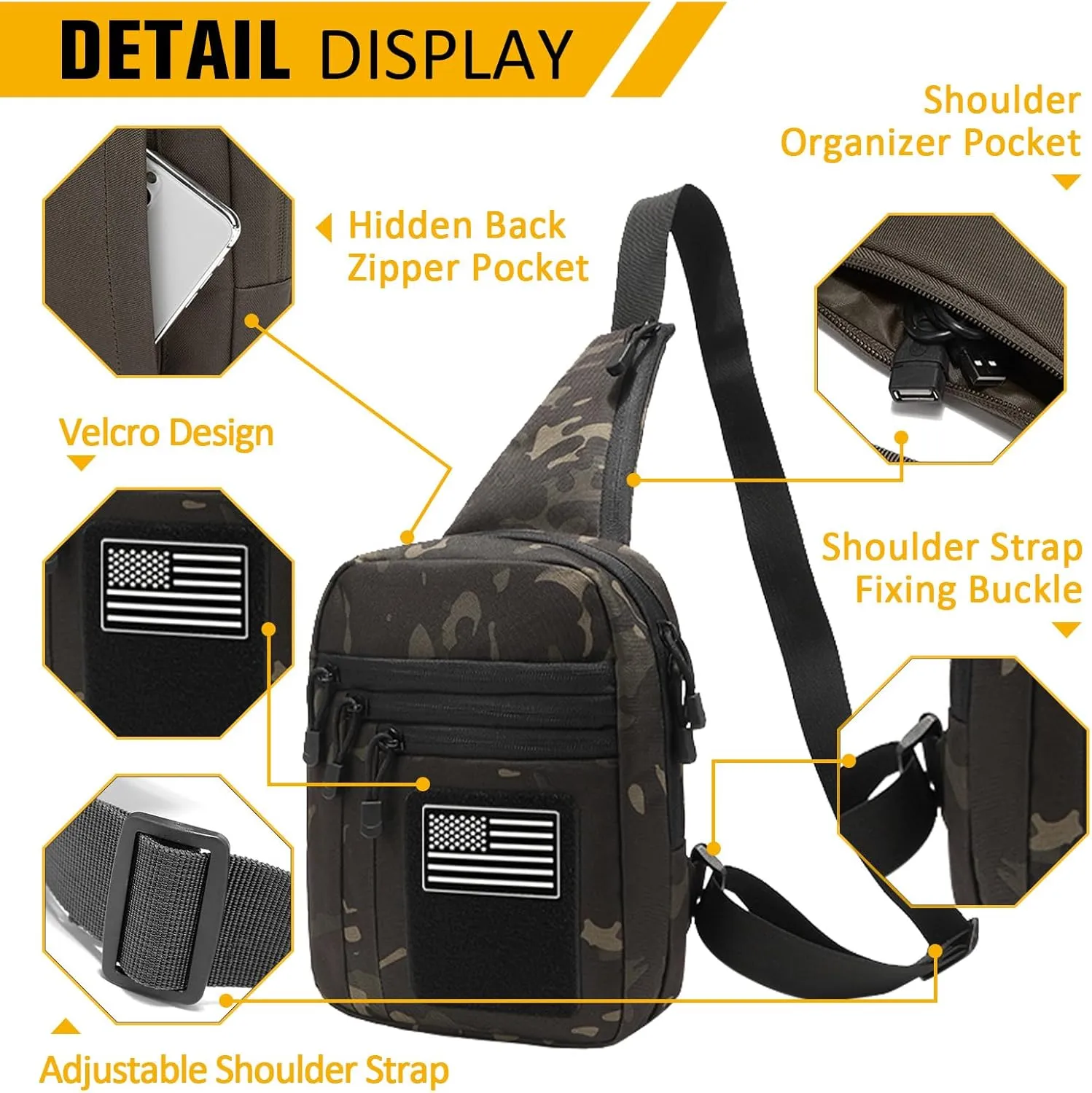 Tactical Sling Bag Concealed Carry Bag for Men, Small Tactical Crossbody Bags with CCW Holder EDC Military Shoulder Bags for Men - Black Camouflage
