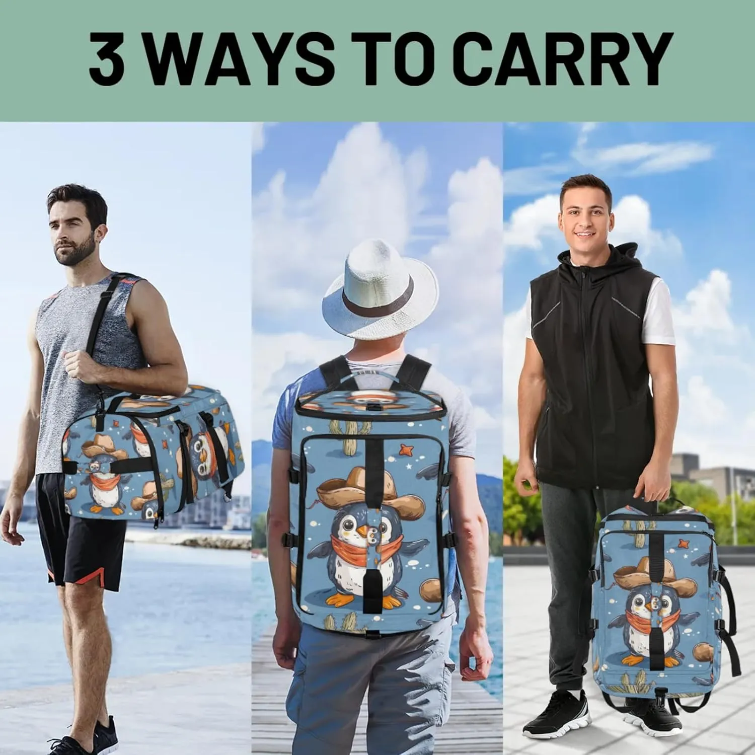 Tactical Sports Duffle Bag for Travel Waterproof Gym Bag with Shoe Compartment 48L Carry On Luggage for Men & Women 3-in-1 Durable Travel Luggage Funny Penguins