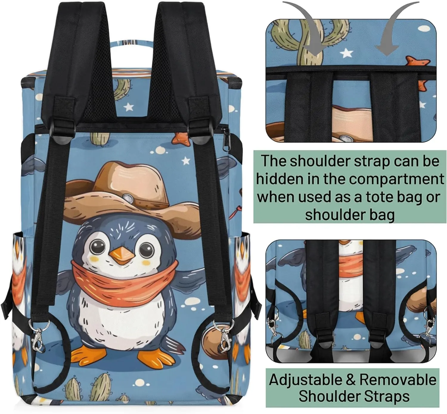 Tactical Sports Duffle Bag for Travel Waterproof Gym Bag with Shoe Compartment 48L Carry On Luggage for Men & Women 3-in-1 Durable Travel Luggage Funny Penguins