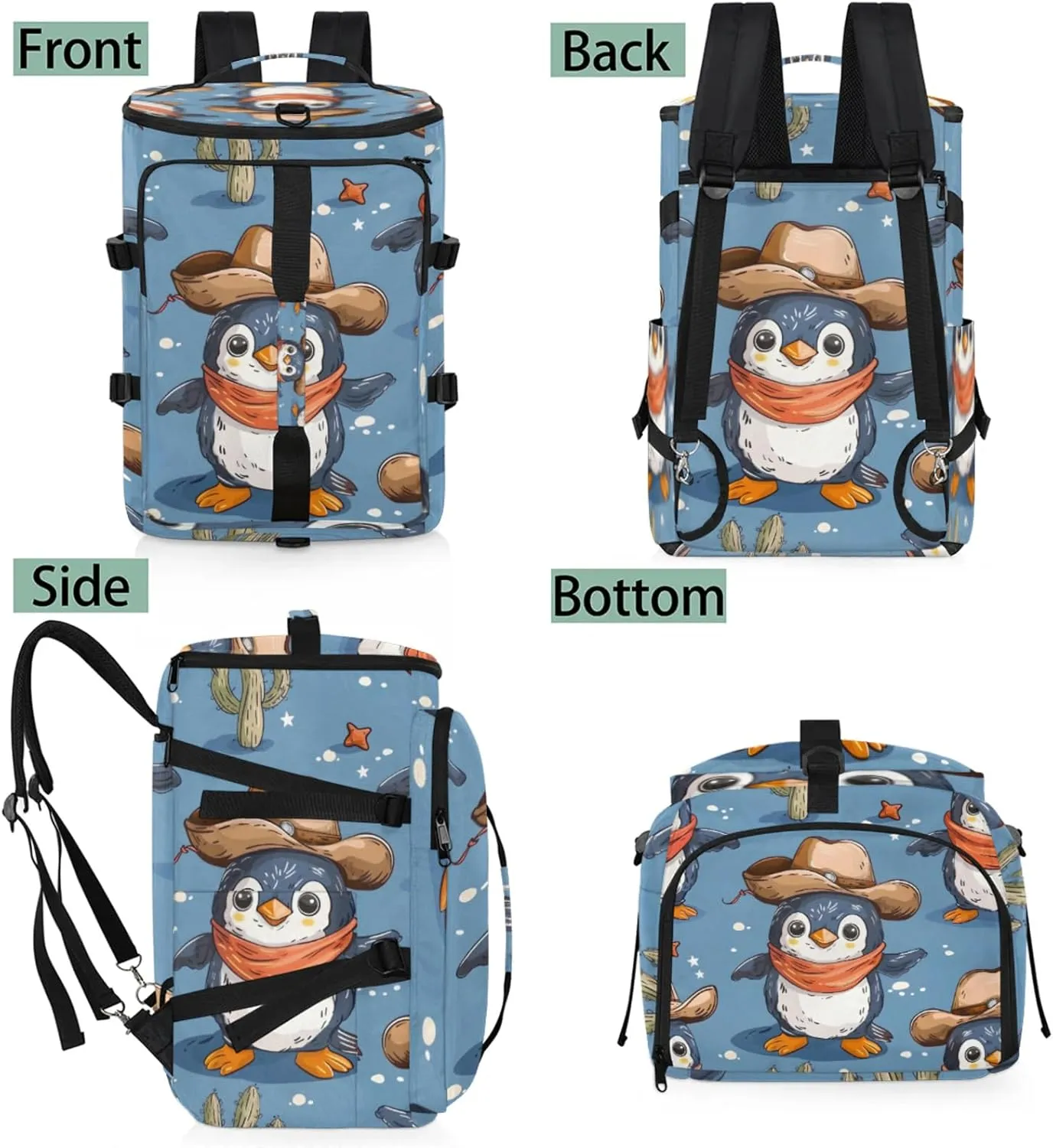 Tactical Sports Duffle Bag for Travel Waterproof Gym Bag with Shoe Compartment 48L Carry On Luggage for Men & Women 3-in-1 Durable Travel Luggage Funny Penguins