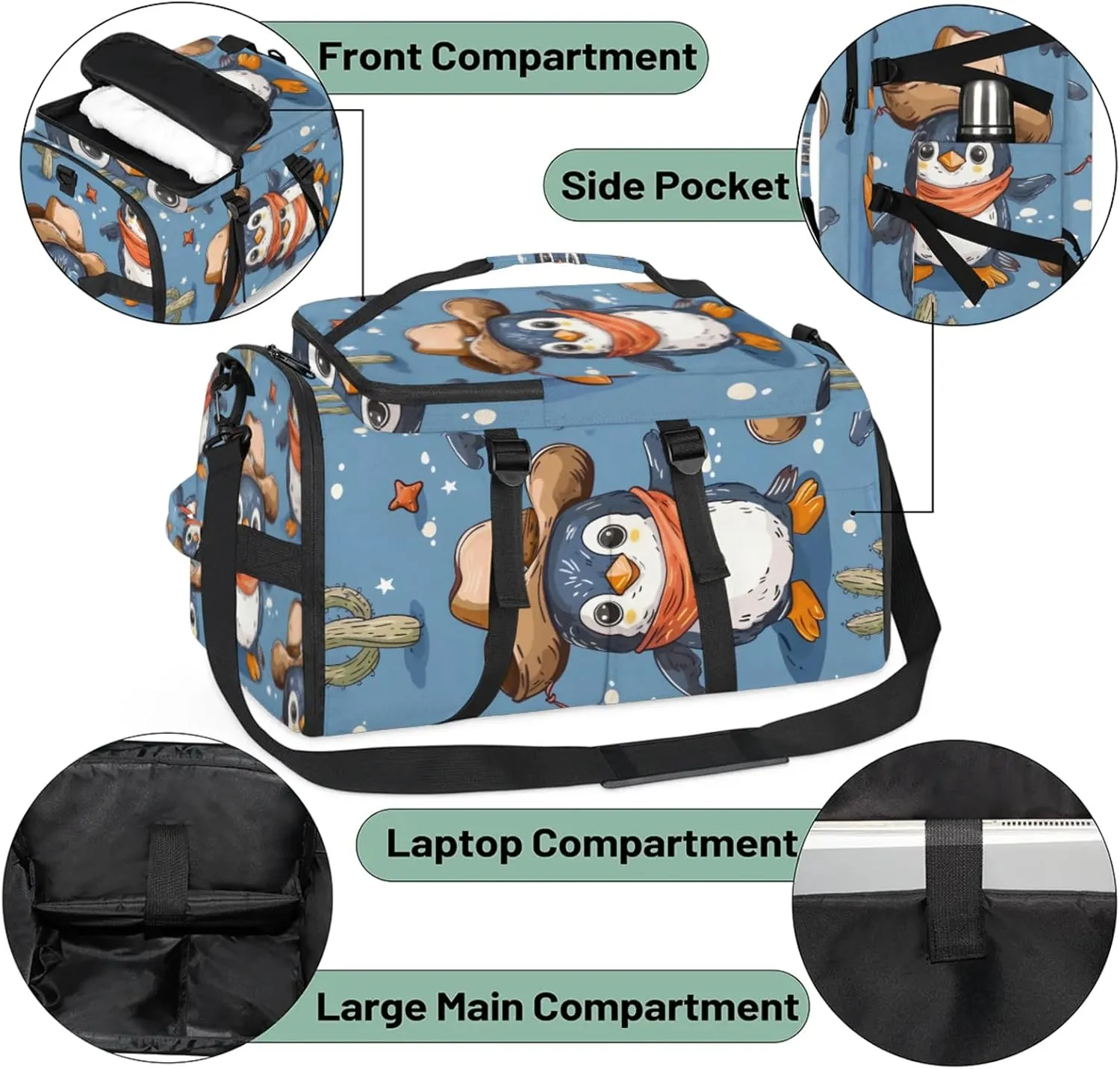 Tactical Sports Duffle Bag for Travel Waterproof Gym Bag with Shoe Compartment 48L Carry On Luggage for Men & Women 3-in-1 Durable Travel Luggage Funny Penguins