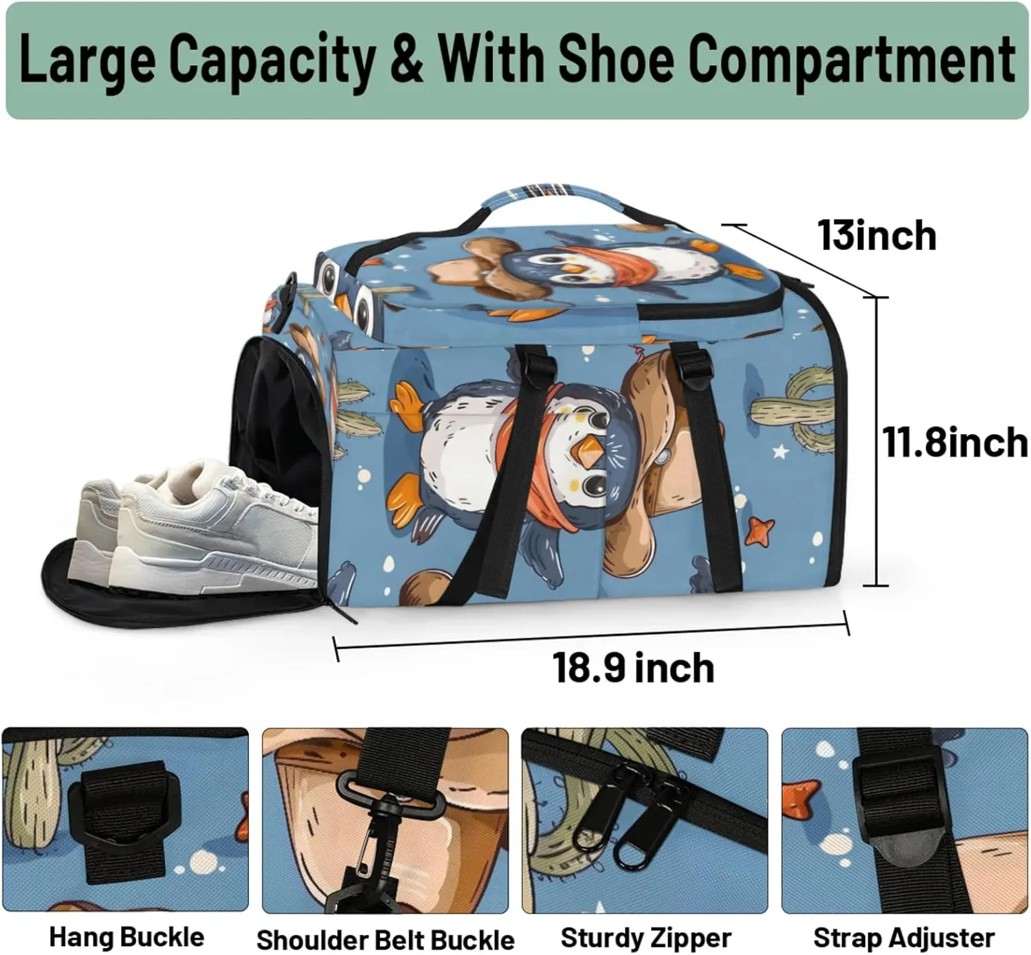 Tactical Sports Duffle Bag for Travel Waterproof Gym Bag with Shoe Compartment 48L Carry On Luggage for Men & Women 3-in-1 Durable Travel Luggage Funny Penguins