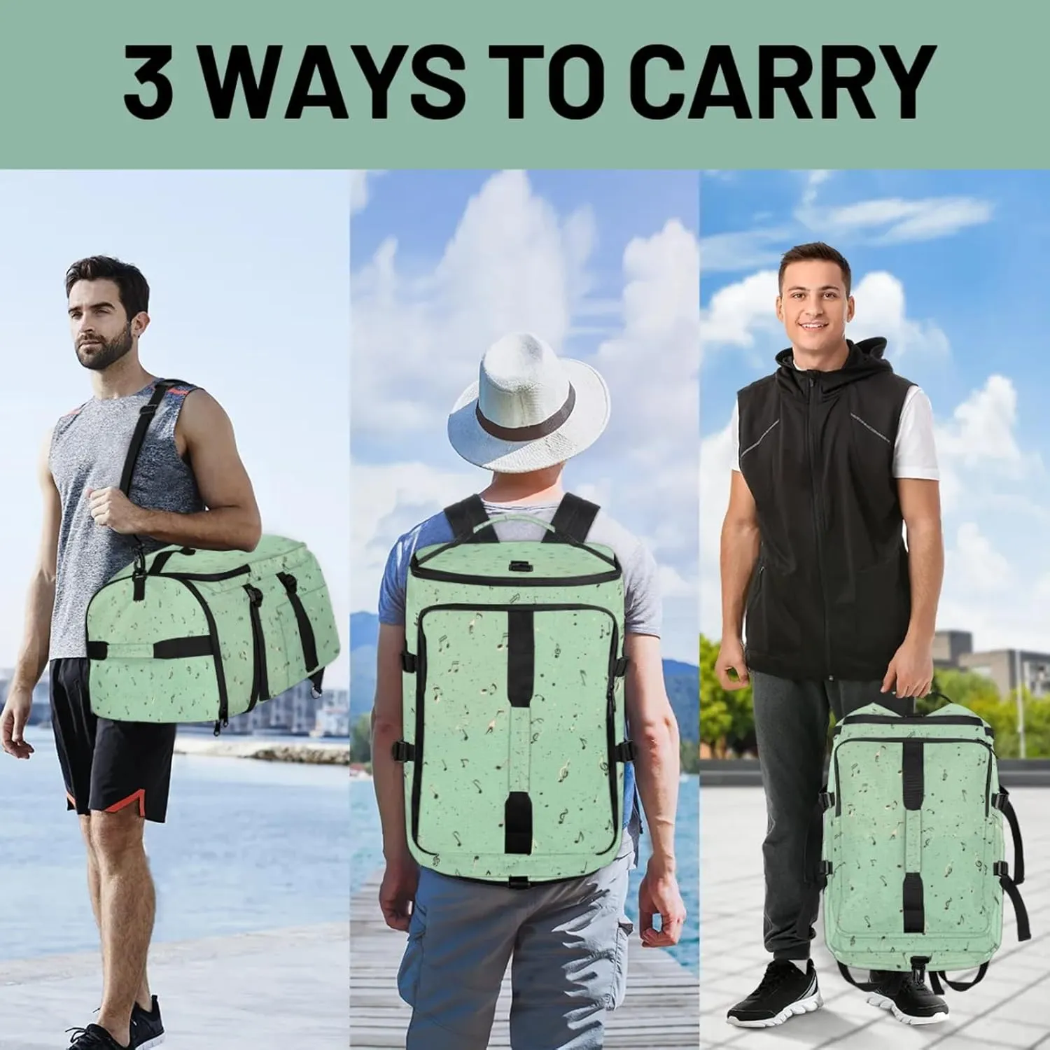 Tactical Sports Duffle Bag for Travel Waterproof Gym Bag with Shoe Compartment 48L Carry On Luggage for Men & Women 3-in-1 Durable Travel Luggage Music Notes Pattern