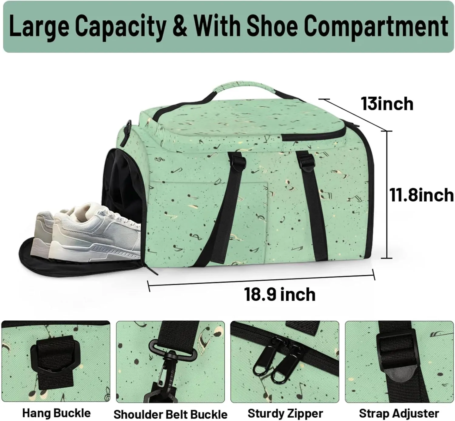 Tactical Sports Duffle Bag for Travel Waterproof Gym Bag with Shoe Compartment 48L Carry On Luggage for Men & Women 3-in-1 Durable Travel Luggage Music Notes Pattern