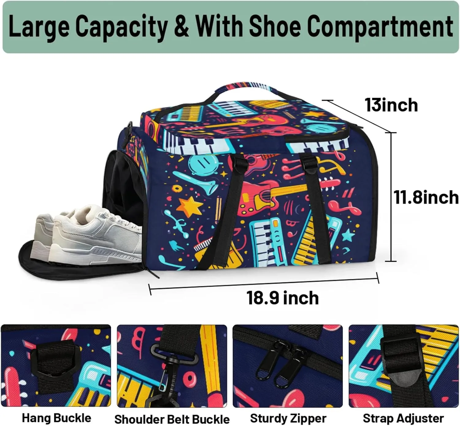 Tactical Sports Duffle Bag for Travel Waterproof Gym Bag with Shoe Compartment 48L Carry On Luggage for Men & Women 3-in-1 Durable Travel Luggage Music Theme