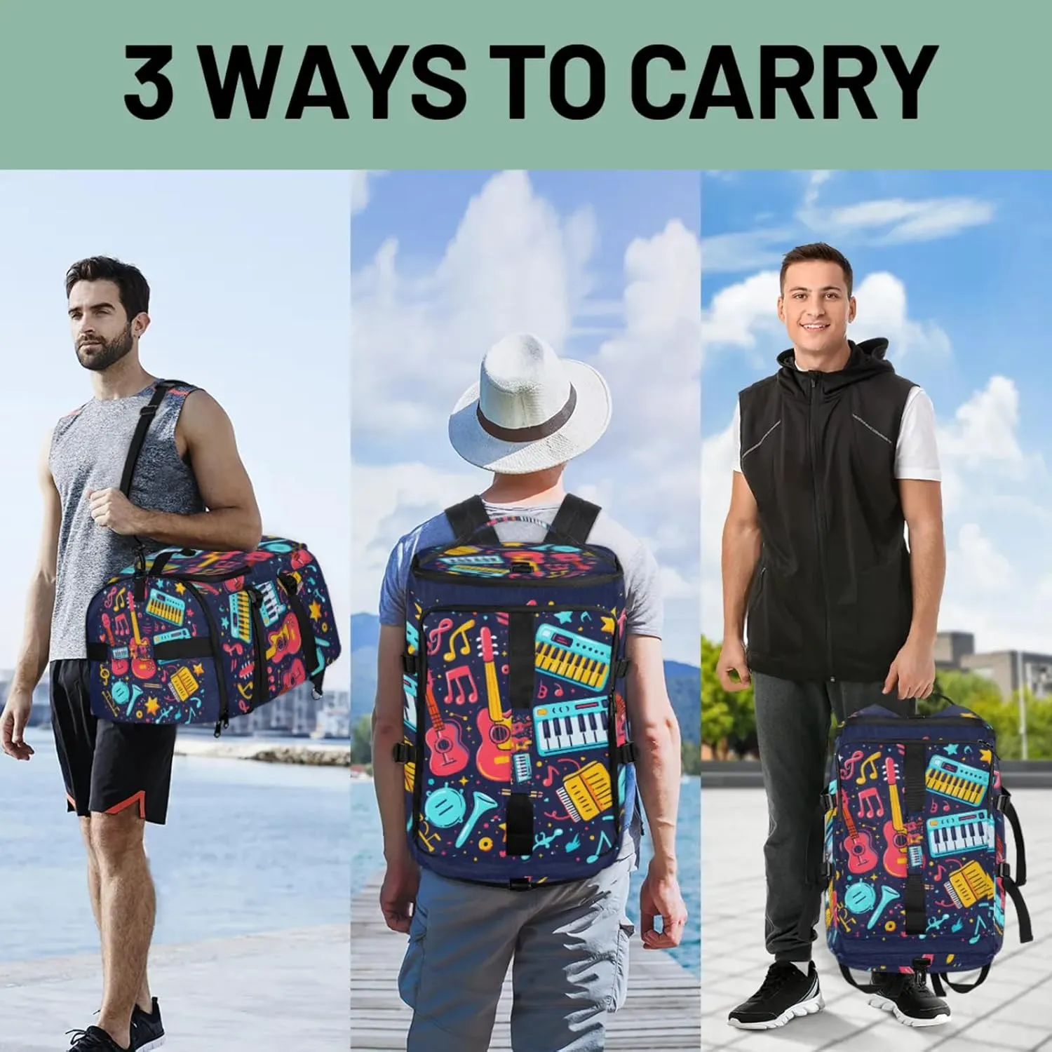 Tactical Sports Duffle Bag for Travel Waterproof Gym Bag with Shoe Compartment 48L Carry On Luggage for Men & Women 3-in-1 Durable Travel Luggage Music Theme