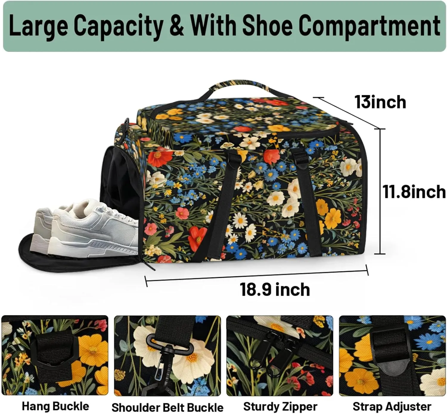 Tactical Sports Duffle Bag for Travel Waterproof Gym Bag with Shoe Compartment 48L Carry On Luggage for Men & Women 3-in-1 Durable Travel Luggage Patterned Small Flowers