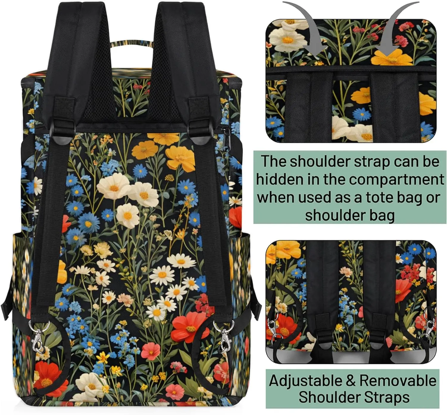 Tactical Sports Duffle Bag for Travel Waterproof Gym Bag with Shoe Compartment 48L Carry On Luggage for Men & Women 3-in-1 Durable Travel Luggage Patterned Small Flowers