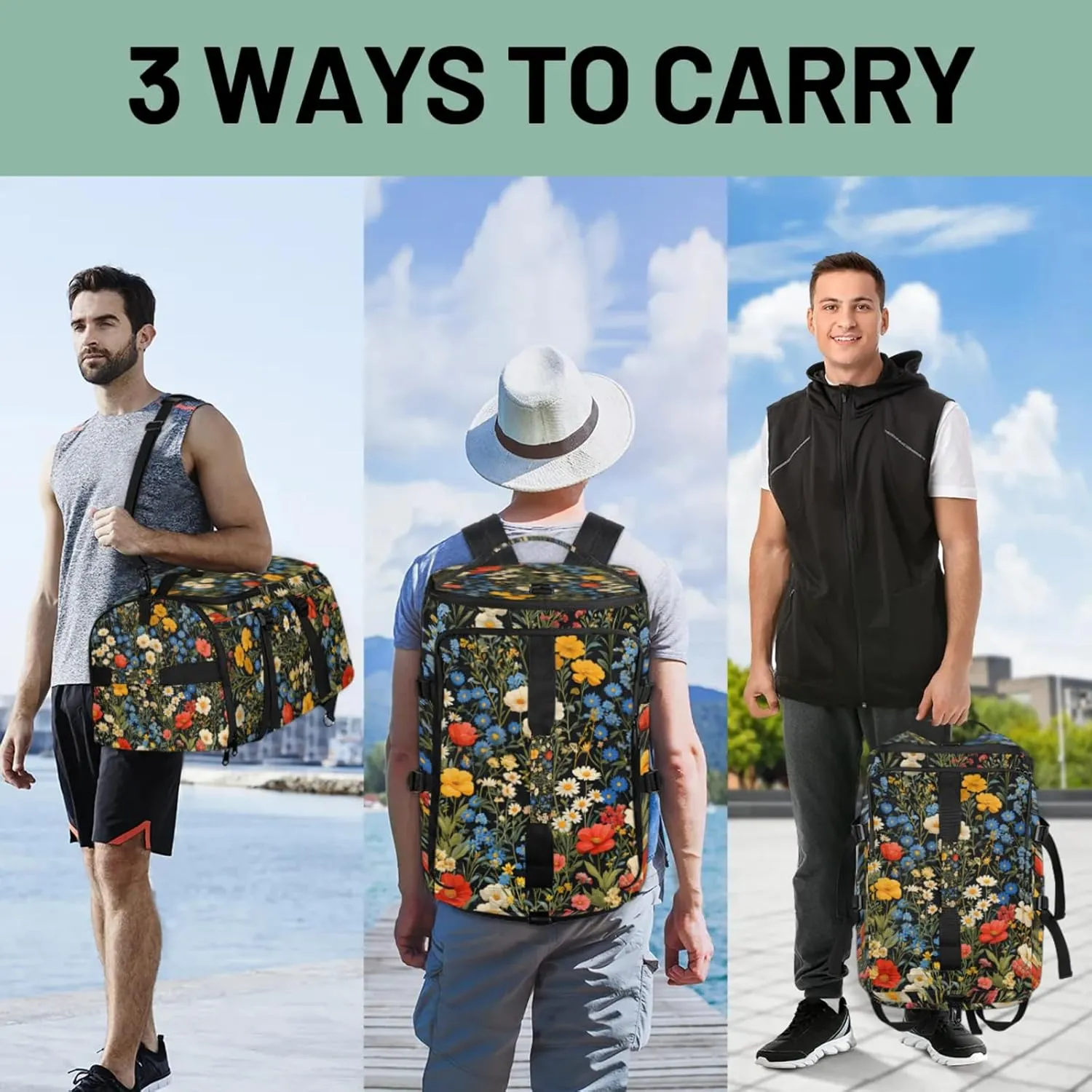 Tactical Sports Duffle Bag for Travel Waterproof Gym Bag with Shoe Compartment 48L Carry On Luggage for Men & Women 3-in-1 Durable Travel Luggage Patterned Small Flowers