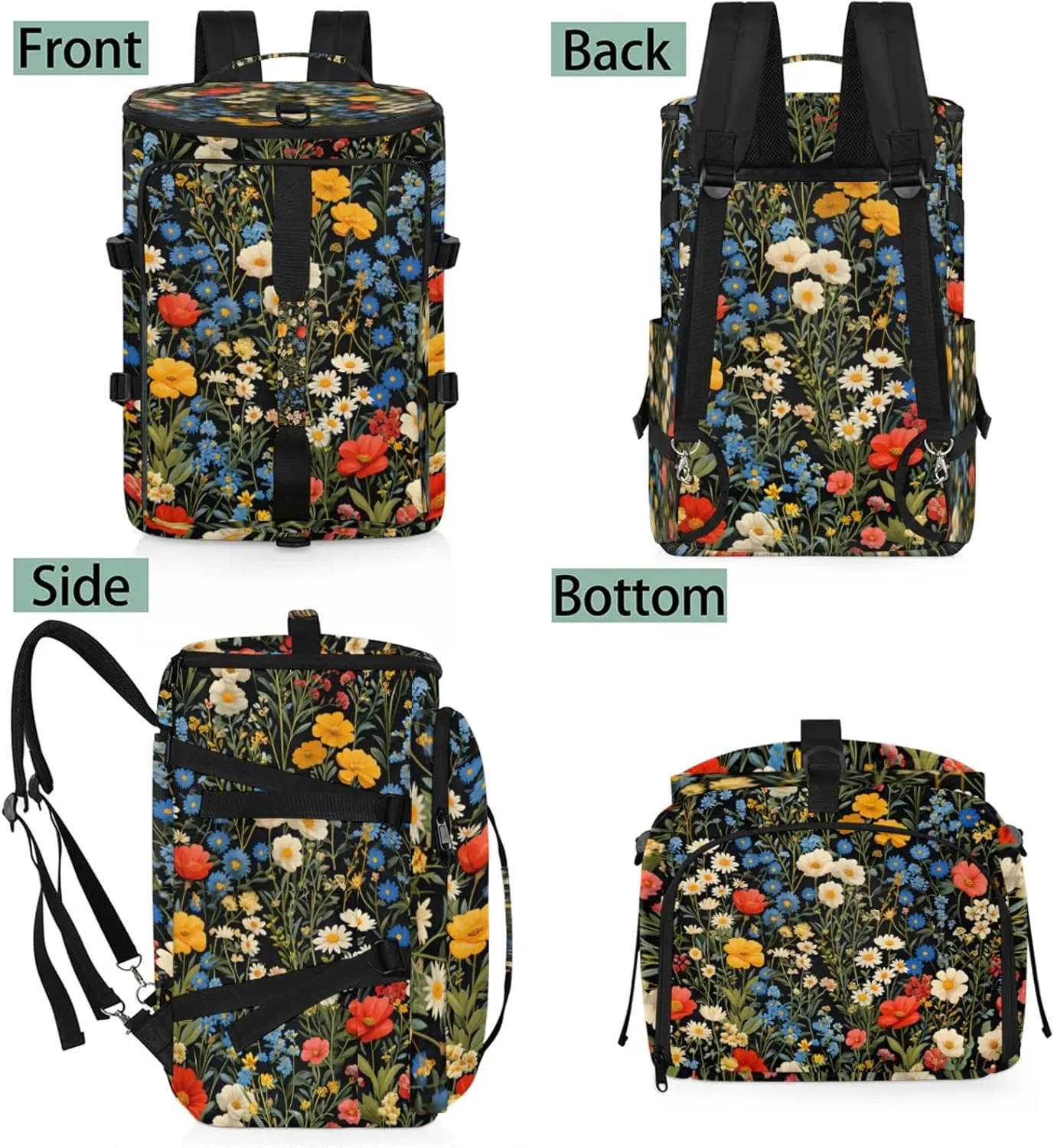 Tactical Sports Duffle Bag for Travel Waterproof Gym Bag with Shoe Compartment 48L Carry On Luggage for Men & Women 3-in-1 Durable Travel Luggage Patterned Small Flowers
