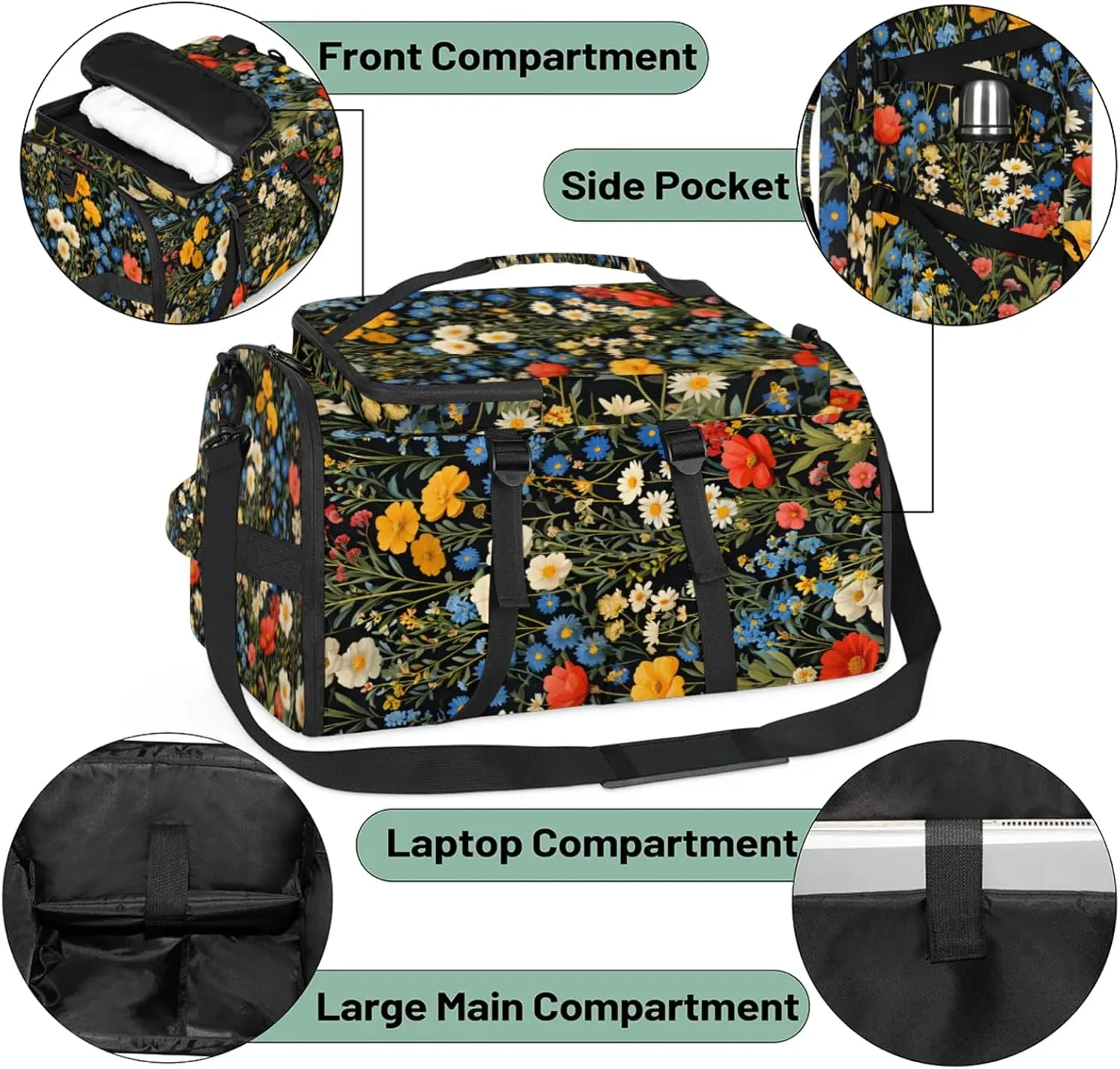Tactical Sports Duffle Bag for Travel Waterproof Gym Bag with Shoe Compartment 48L Carry On Luggage for Men & Women 3-in-1 Durable Travel Luggage Patterned Small Flowers