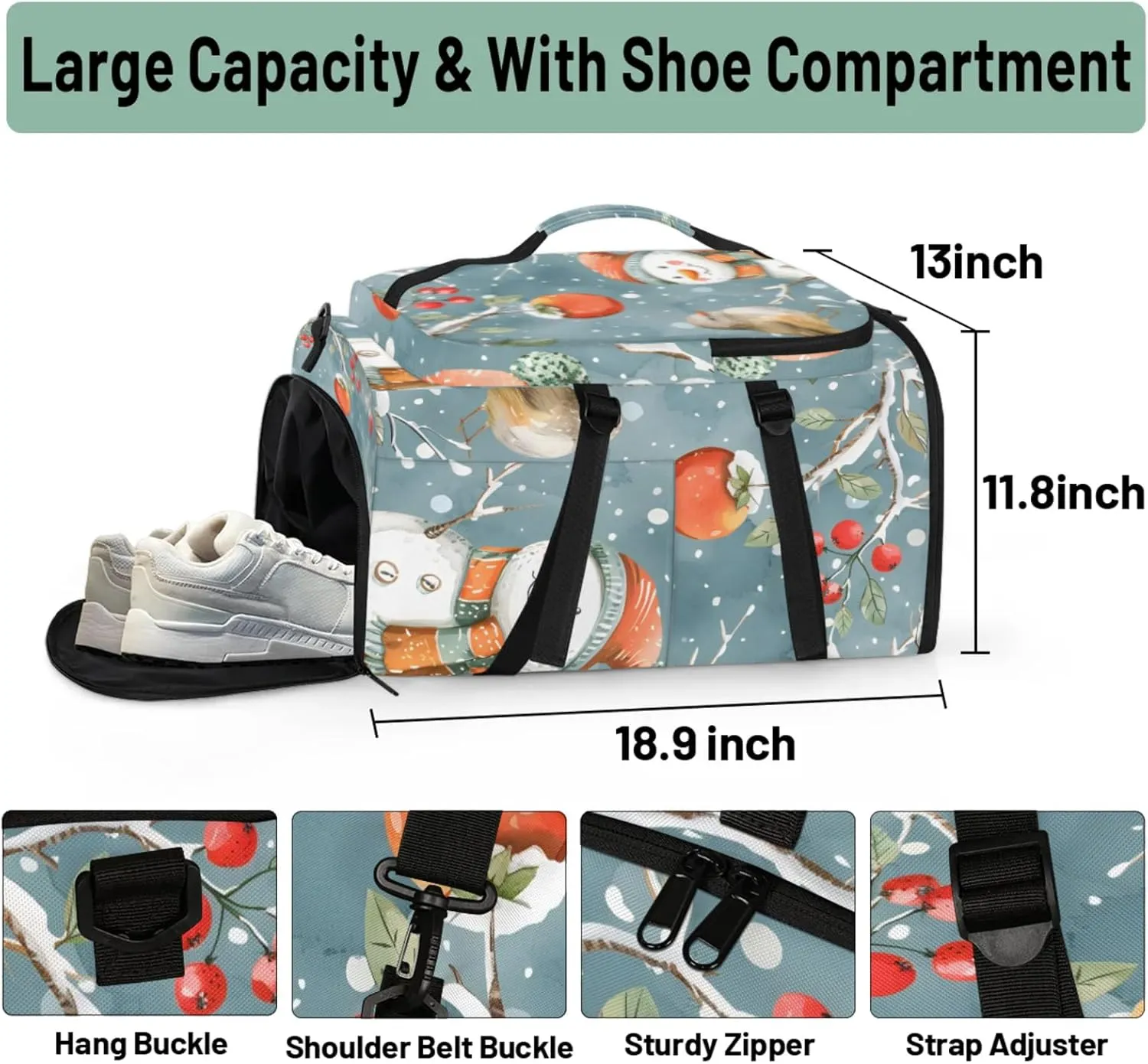 Tactical Sports Duffle Bag for Travel Waterproof Gym Bag with Shoe Compartment 48L Carry On Luggage for Men & Women 3-in-1 Durable Travel Luggage Snowman Bird Winter
