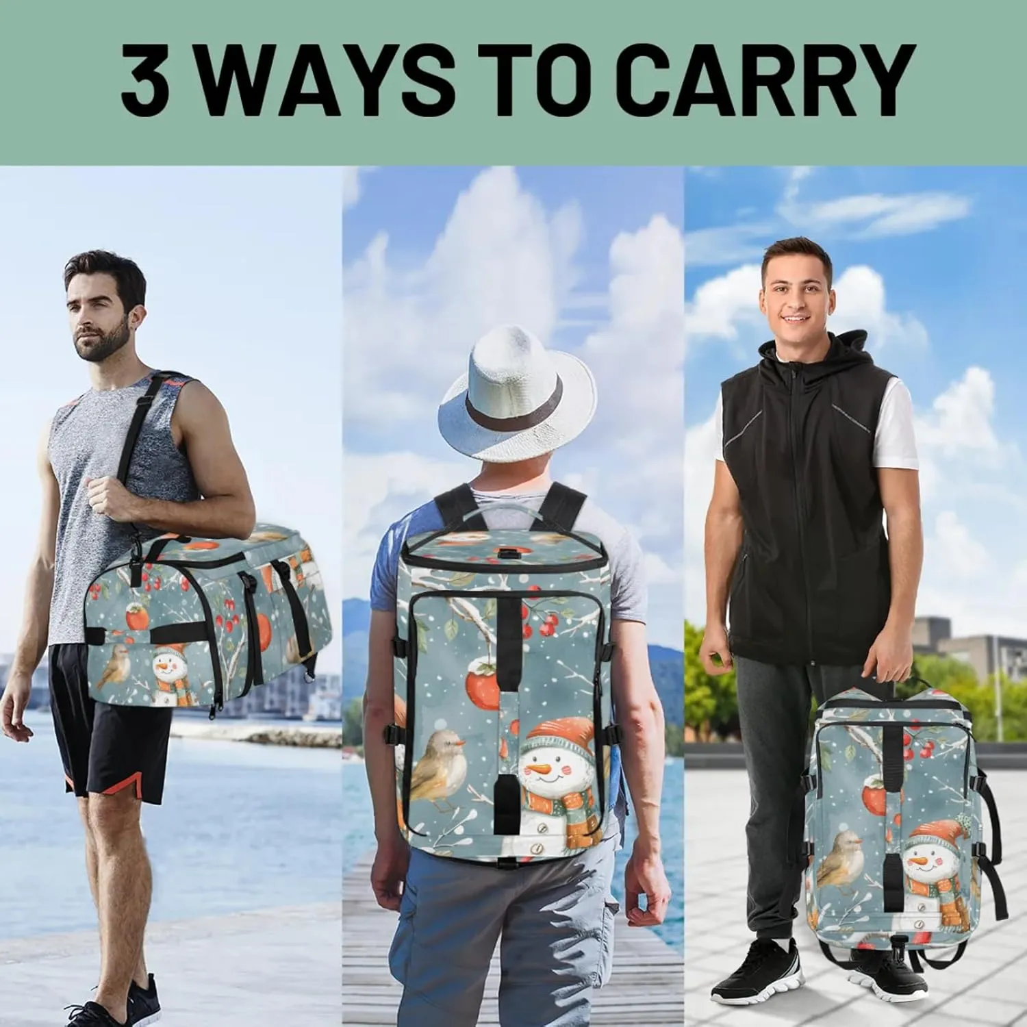 Tactical Sports Duffle Bag for Travel Waterproof Gym Bag with Shoe Compartment 48L Carry On Luggage for Men & Women 3-in-1 Durable Travel Luggage Snowman Bird Winter