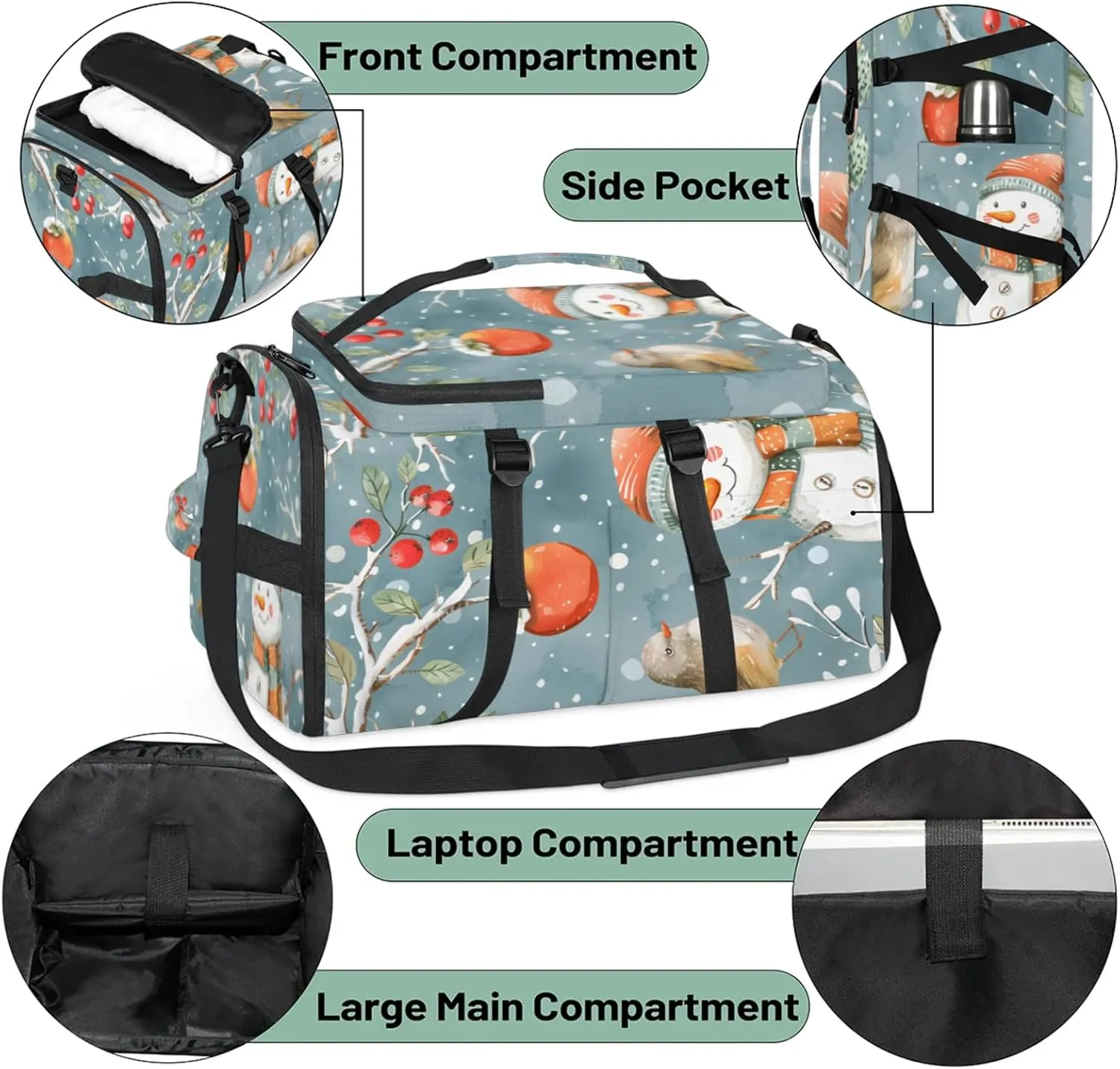 Tactical Sports Duffle Bag for Travel Waterproof Gym Bag with Shoe Compartment 48L Carry On Luggage for Men & Women 3-in-1 Durable Travel Luggage Snowman Bird Winter